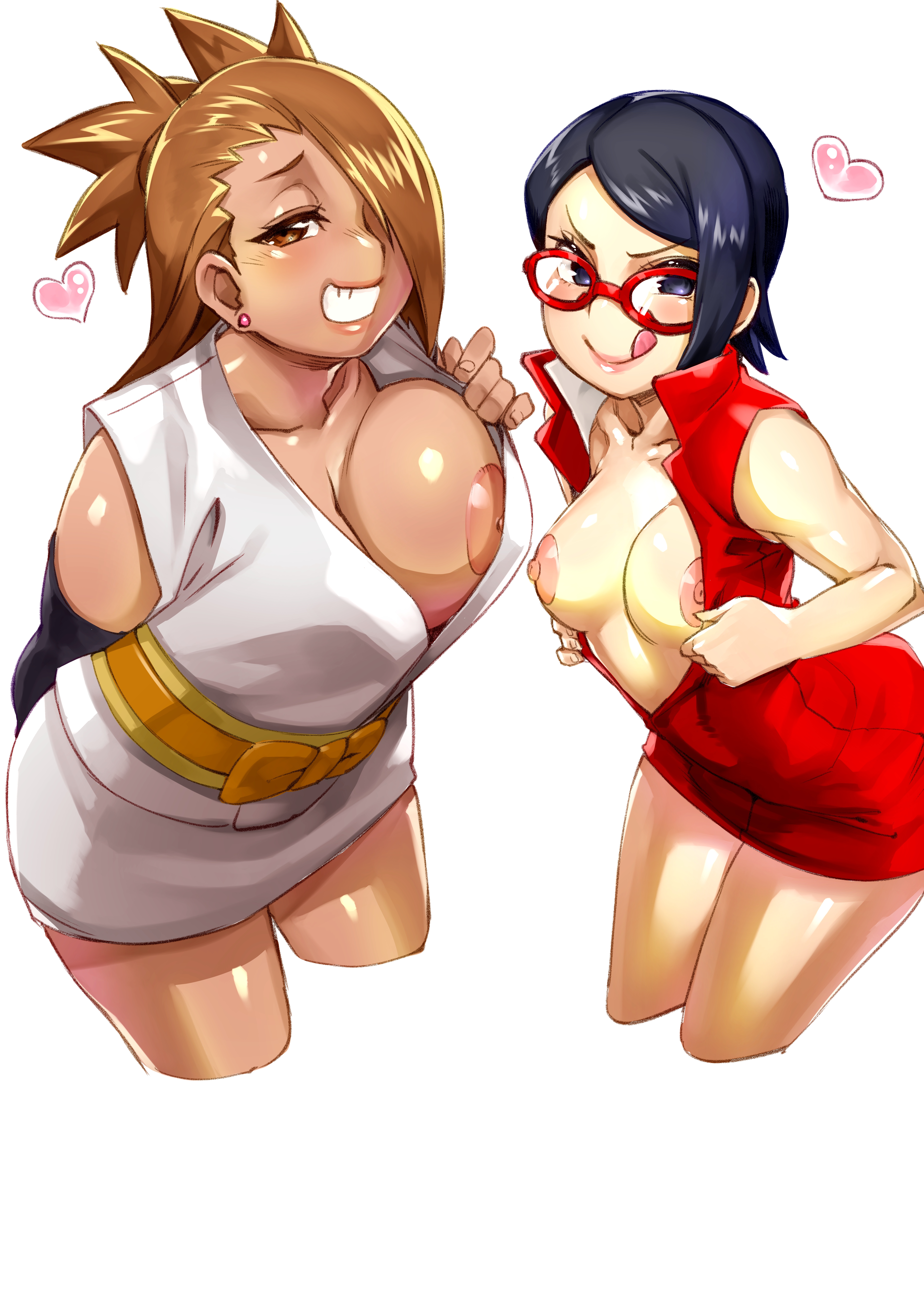2girls, akimichi chouchou, areolae, big breasts, boruto: naruto next generations, breasts, female, female only, glasses, high resolution, highres, huge breasts, konakona, long hair, multiple females, multiple girls, naruto, naruto (series), nipple piercing, nipples, piercing, sarada uchiha, short hair, shounen jump, tagme