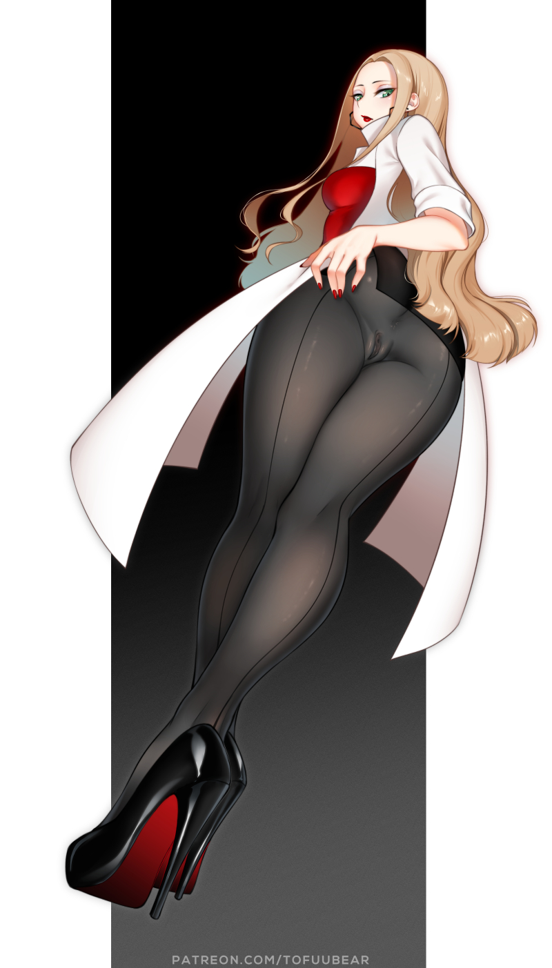 1girls, ass, blonde hair, cameltoe, clothing, earrings, female, female only, green eyes, hair, high heels, human, human only, long hair, nail polish, nintendo, oleana (pokemon), pokemon, pokemon ss, pussy, pussy bulge, red bottom heels, short skirt, solo, tofuubear, url, video games