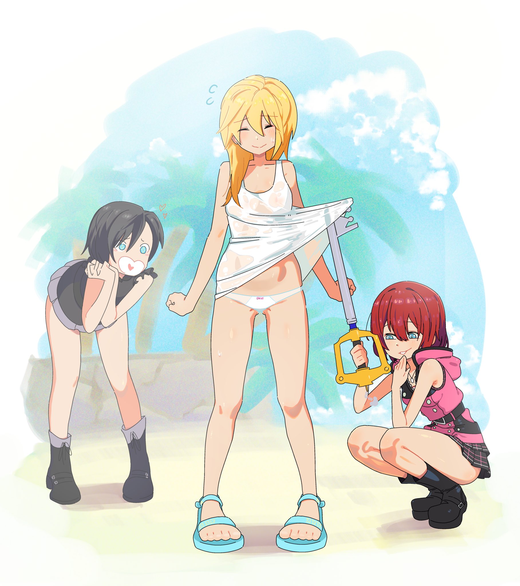 3girls, ass visible through thighs, belly, black hair, black-haired female, blonde hair, blonde-haired female, closed eyes, dress, dress lift, embarrased female, embarrassed, feet, female, kairi, keyblade, kingdom hearts, kingdom hearts 358/2 days, kingdom hearts ii, legs, looking at another, mischievous smile, multiple females, multiple girls, namine, nervous smile, nervous sweat, nipples, nipples visible through clothing, panties, peeping, pervert female, pulling skirt, pulling up dress, pulling up skirt, red hair, red-haired female, sandals, see-through, see-through clothing, skirt lift, small panties, smile, spaghett8, spaghetto087, squatting, standing, thighs, upskirt, wet clothes, wet dress, xion