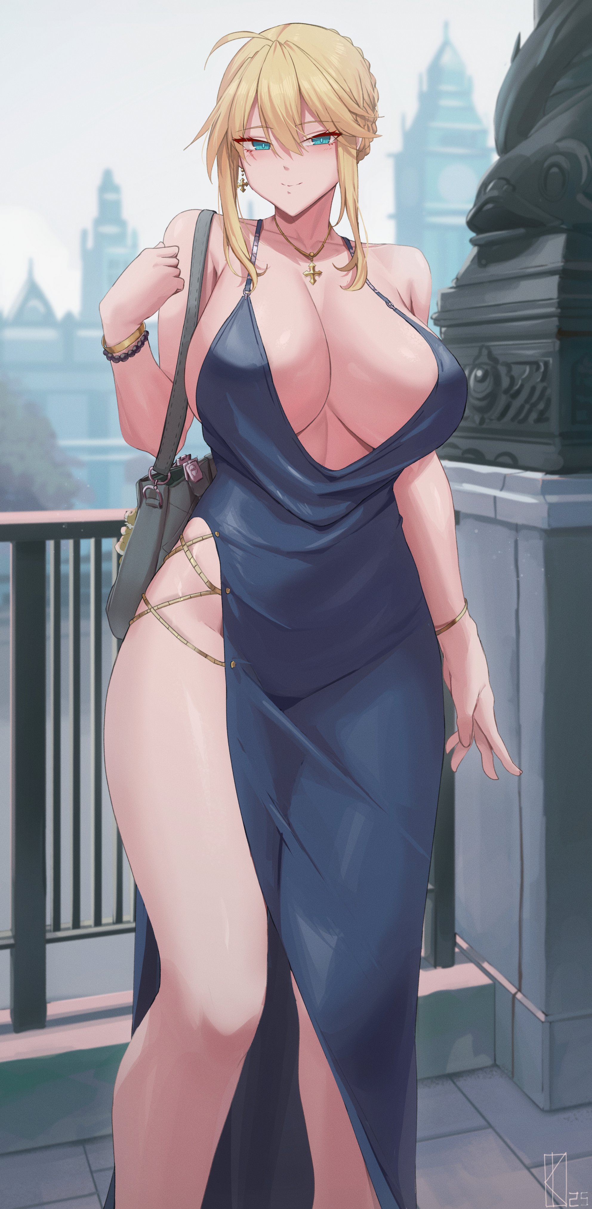 1girls, absurdres, ahoge, alternate costume, artoria pendragon, artoria pendragon (lancer), artoria pendragon (lancer) (fate), bag, bare shoulders, blonde hair, blue dress, bracelet, breasts, collarbone, commentary, cross, cross earrings, cross necklace, dress, earrings, english commentary, fate (series), fate/grand order, female, female only, green eyes, halterneck, highleg, highleg dress, highres, huge breasts, jewelry, kakeku, light skin, light-skinned female, long hair, looking at viewer, necklace, no panties, outdoors, paid reward available, plunging neckline, shoulder bag, side slit, sidelocks, smile, solo, spaghetti strap, standing, thighs, variant set, wide hips