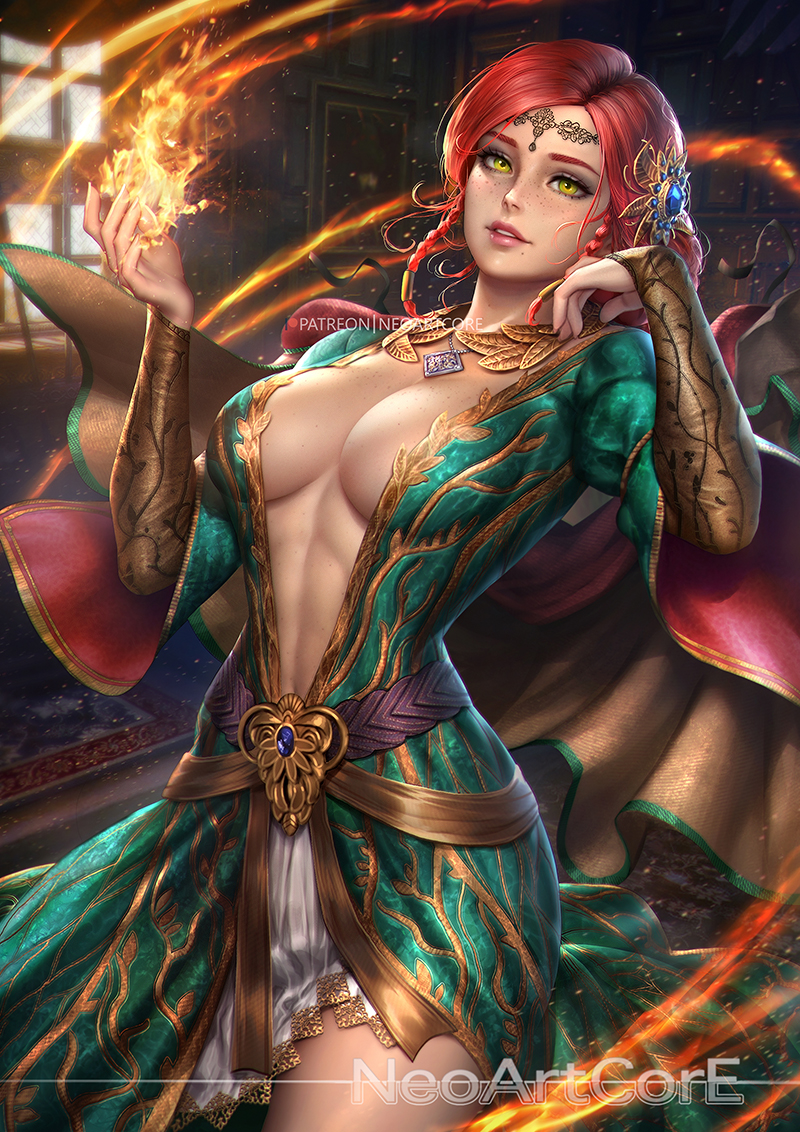 1girls, abs, alternate costume, breasts, cd projekt red, cleavage, dress, female, female only, freckles, green eyes, hourglass figure, large breasts, long hair, looking at viewer, necklace, neoartcore, red hair, solo, stomach, the witcher, the witcher (series), the witcher 2, the witcher 3: wild hunt, triss merigold