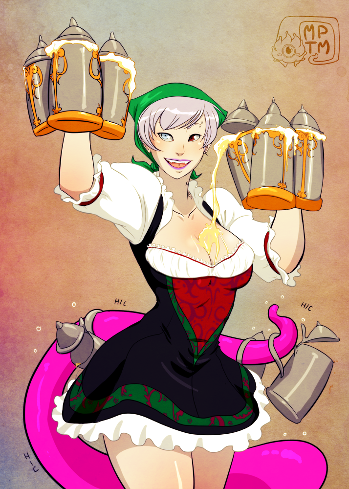 1girls barmaid beer beer_mug dirndl drink_on_breasts drunk ell_(superguest) fangs female female_focus female_only heterochromia my_pet_tentacle_monster oktoberfest solo solo_focus spilled_drink tavern_wench tentacle tongue_piercing tracht vampire white_hair