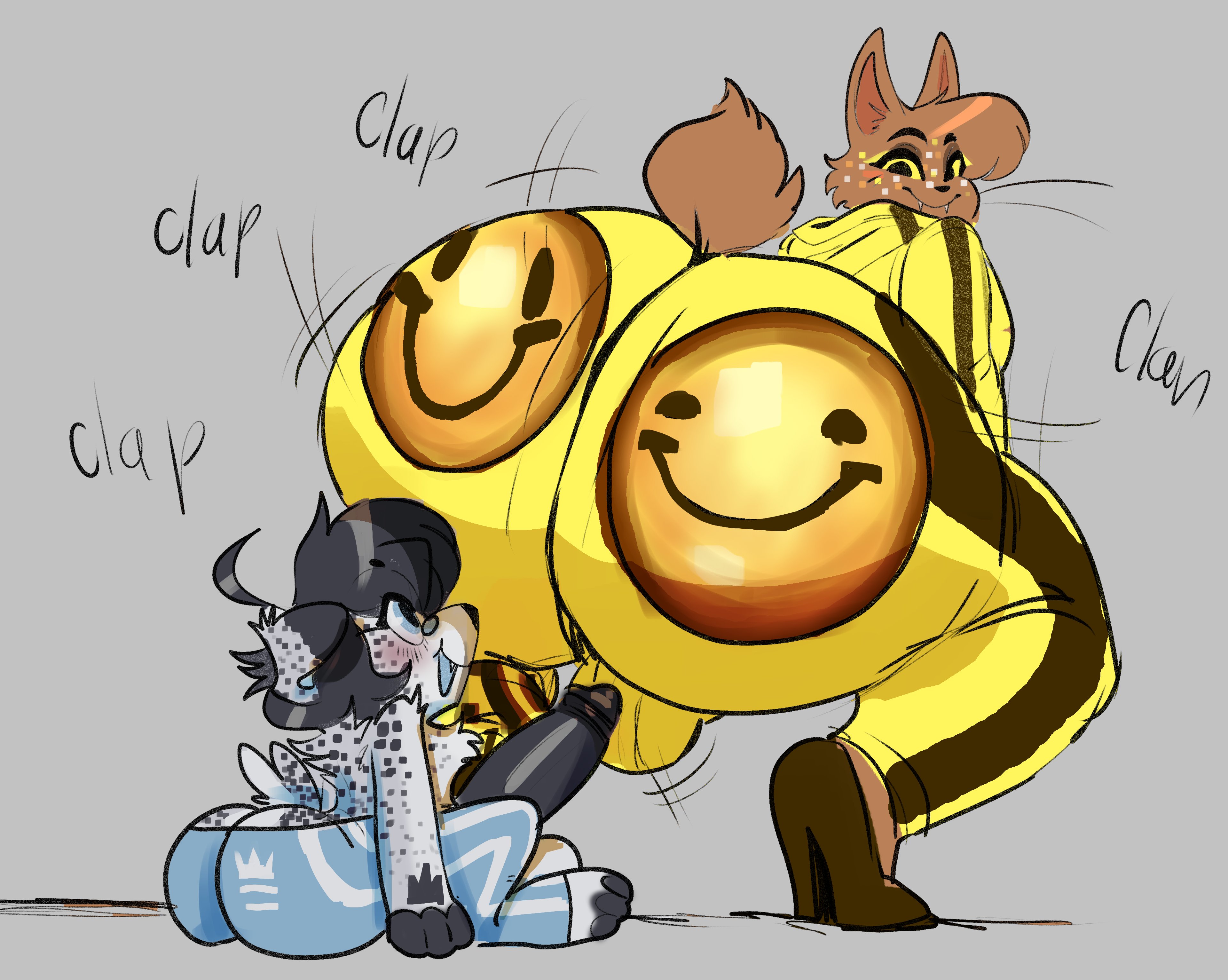 2024, anthro, anthro on anthro, ass, back view, balls, ballsack, big penis, blue clothing, bottom heavy, bottomless male, brown fur, canine, clapping cheeks, dedoggyskullz, fangs, fat ass, femboy, freckles, furry, furry only, heels, jacket, lamb, lewdledoodle, male, male/male, penis, rear view, size difference, smiley face, tail, track suit, twerking, voluptuous, voluptuous femboy, wkkeezy (artist), wolf, yellow eyes