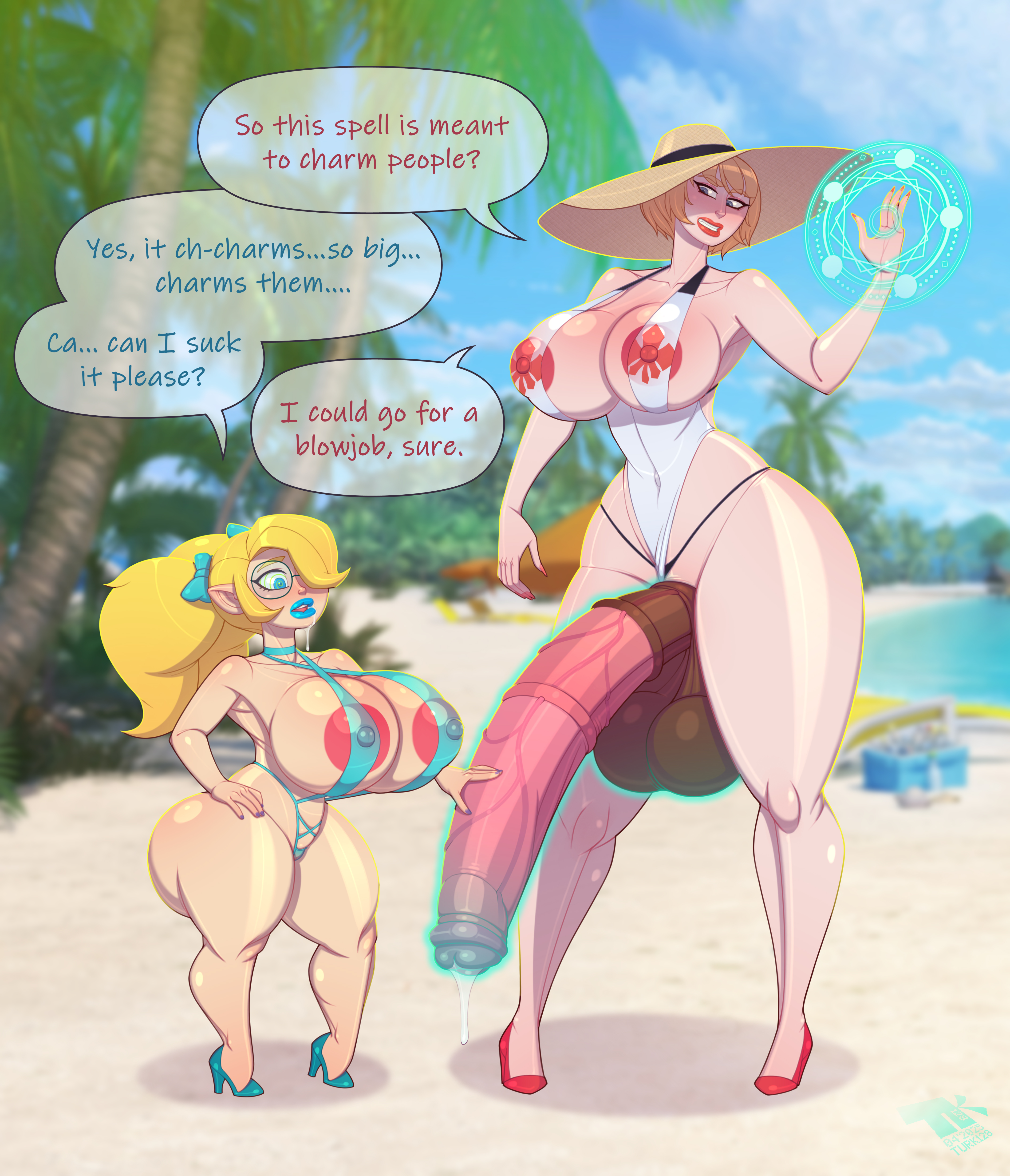 accident, accidental exposure, accidental hypnosis, alaizia, alaizia the gnome, animal penis, ass, balls, beach, big ass, big balls, big breasts, bikini, blonde female, blonde futa, blonde hair, blowjob, blue lipstick, breasts, dialogue, diplomacyraptor, diplomacyraptor oc, dungeons and dragons, fantasy, female, fleur-de-lis, futa on female, futanari, giant cock, glasses, gnome, high heels, horse penis, horsecock, horsecock futa, huge breasts, human with animal genitalia, human with horsecock, hypnosis, hypnotic penis, imminent oral, imminent sex, implied oral, intersex, large ass, large balls, large nipples, large penis, light skin, light-skinned female, looking at penis, magic, magic circle, magic user, pale skin, pale-skinned female, pale-skinned futa, pathfinder, pathfinder (oc), penis, penis awe, ribbons, ringwaldt, rose ringwaldt, short hair, shortstack, sling bikini, spell, sun, sun hat, text, text box, text bubble, turk128, white skin