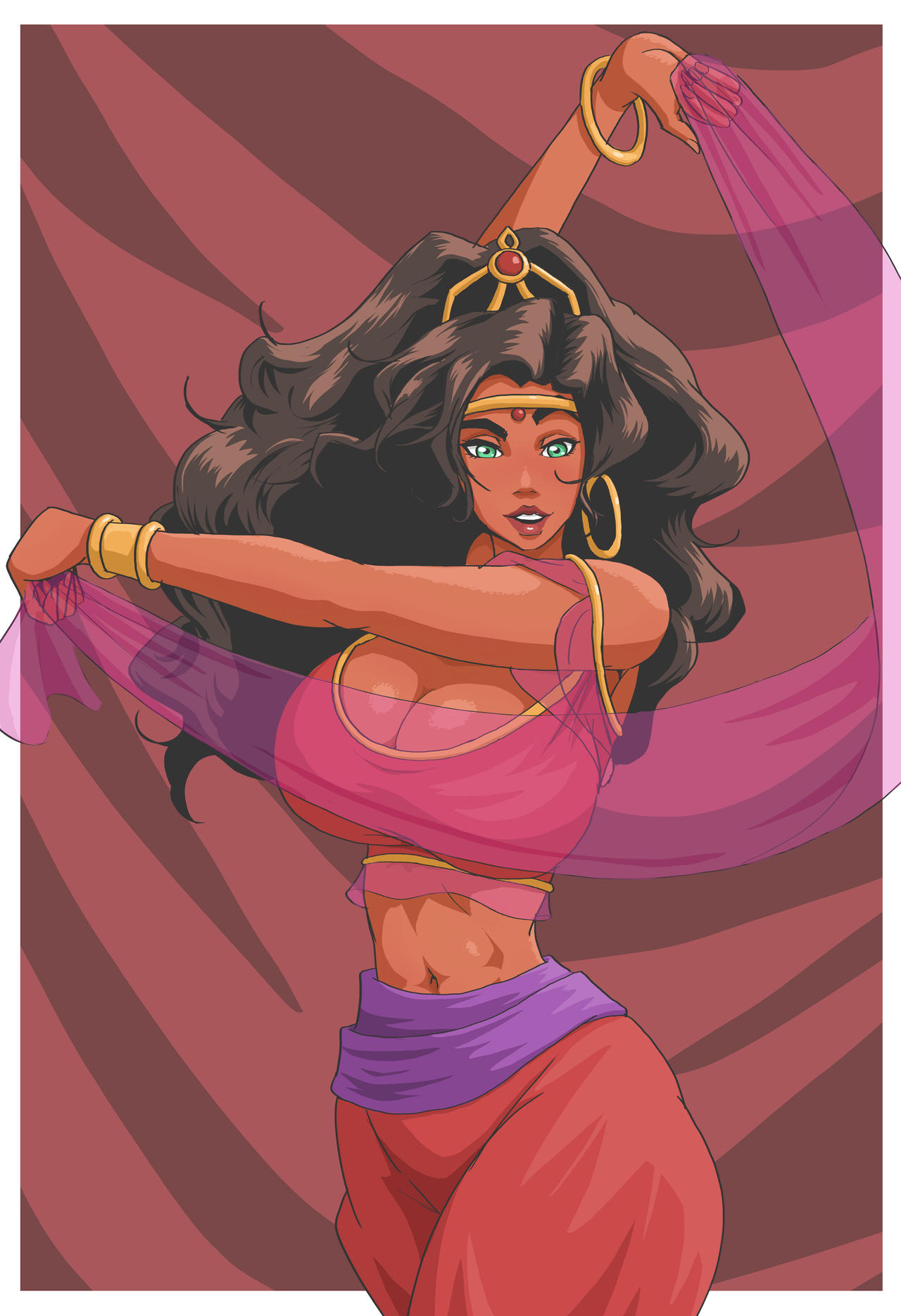 1girls, aqua eyes, belly dancer, belly dancer outfit, black hair, breasts, cleavage, dancer, dancer outfit, dark skin, dark-skinned female, disney, esmeralda, female, female only, gypsy, hair ornament, huge breasts, long hair, looking at viewer, the hunchback of notre dame, wanderagro893
