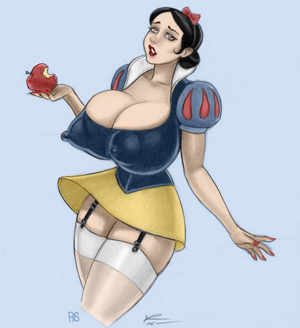 big_breasts bimbo bimbo_body breasts brown_hair busty cleavage curvy disney disney_princess eyeshadow female female_only garter_straps hourglass_figure lipstick makeup nail_polish nipple_bulge rinaldi rsterling snow_white_(disney) snow_white_and_the_seven_dwarfs stockings thighhighs voluptuous