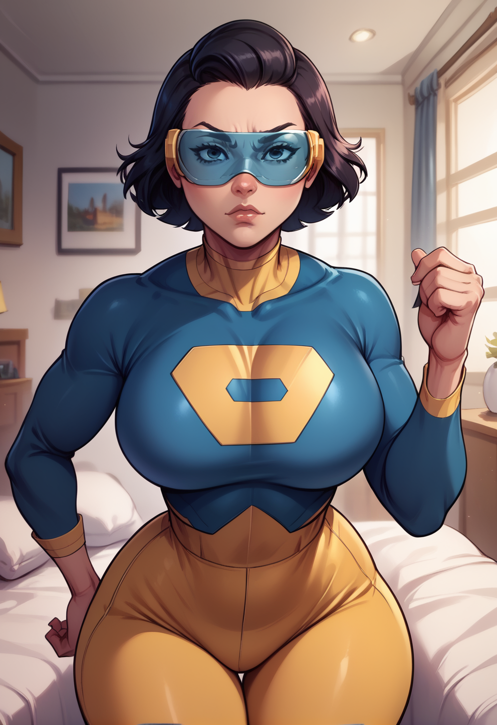 1girls ai_generated ass bedroom big_ass big_butt black_hair bodysuit breasts busty caked_up curvy_figure eteeming eyewear eyewear_on_head fat_ass female female_focus female_only gloves heroine highres human image_comics invincible invincible_(comics) medium_breasts short_hair solo superheroine terra_grayson thicc thick_thighs thicker_than_a_bowl_of_oatmeal viltrumite wide_hips
