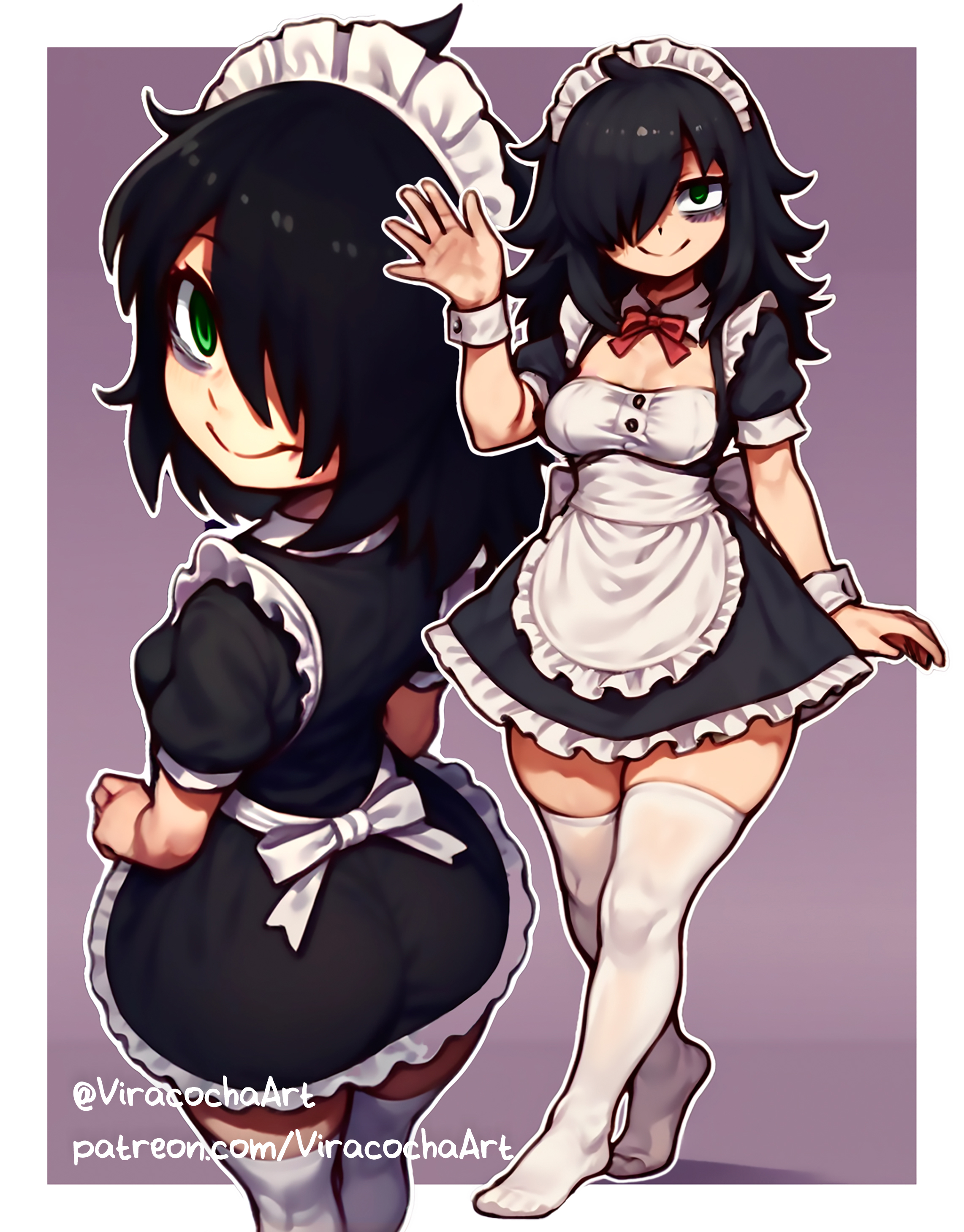 ai assisted, ai generated, ass, big ass, black hair, digital drawing (artwork), female, kuroki tomoko, long hair, maid, maid outfit, maid uniform, short skirt, smaller female, thick thighs, viracochaart, watashi ga motenai no wa dou kangaetemo omaera ga warui!