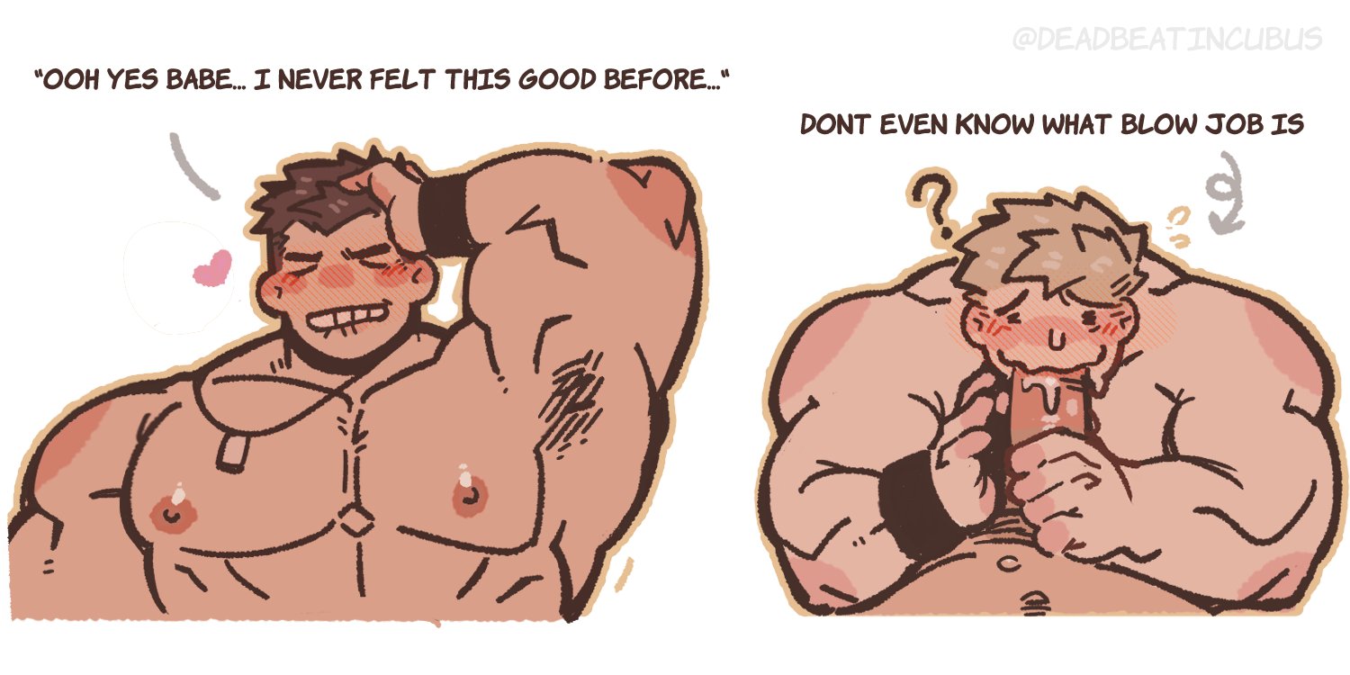2024, 2boys, armpit, armpit hair, armpits, bara, blonde hair, blush, brown hair, completely nude, deadbeatincubus, hair, large muscles, light skin, light-skinned male, looking at partner, looking at viewer, looking pleasured, male, male focus, male only, male pov, male/male, muscles, muscular, muscular arms, muscular chest, muscular male, naked, naked male, nipples, nude, nude male, oral, oral penetration, oral sex, penis, saliva, saliva on penis, simple background, speech, text, viewer pov, wristband, yaoi