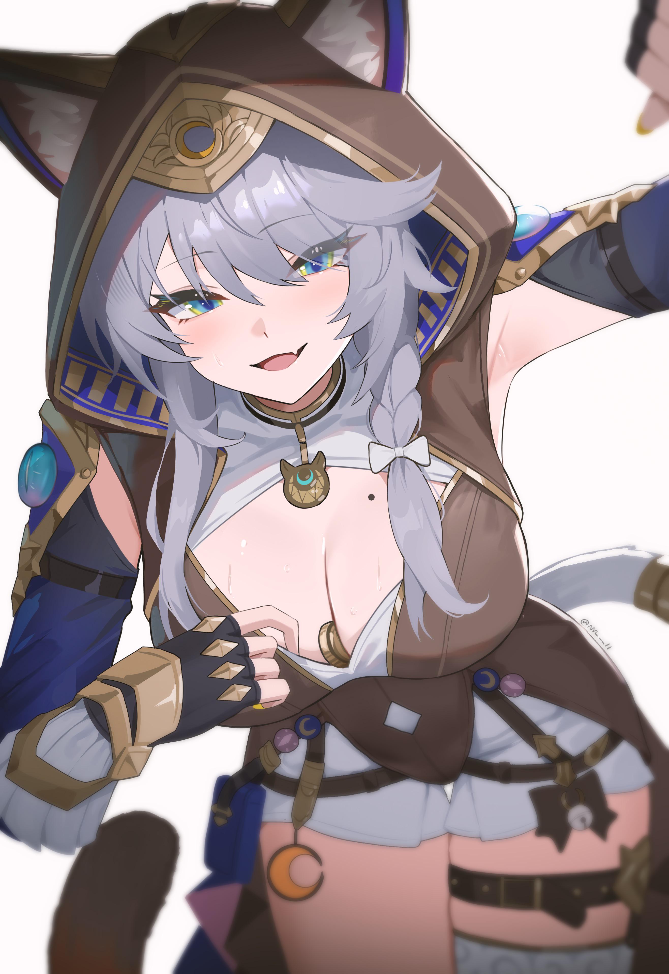 :3, animal ears, artist name, between breasts, big breasts, blush, boob window, braid, breasts, cat ears, cat girl, cat tail, catgirl, cipher (honkai: star rail), cleavage, cute fang, female, grey hair, honkai (series), honkai: star rail, hoodie, hoyoverse, large breasts, mole, mole on breast, nvl, shorts, smug, smug face, source request, tail, teasing, thigh strap