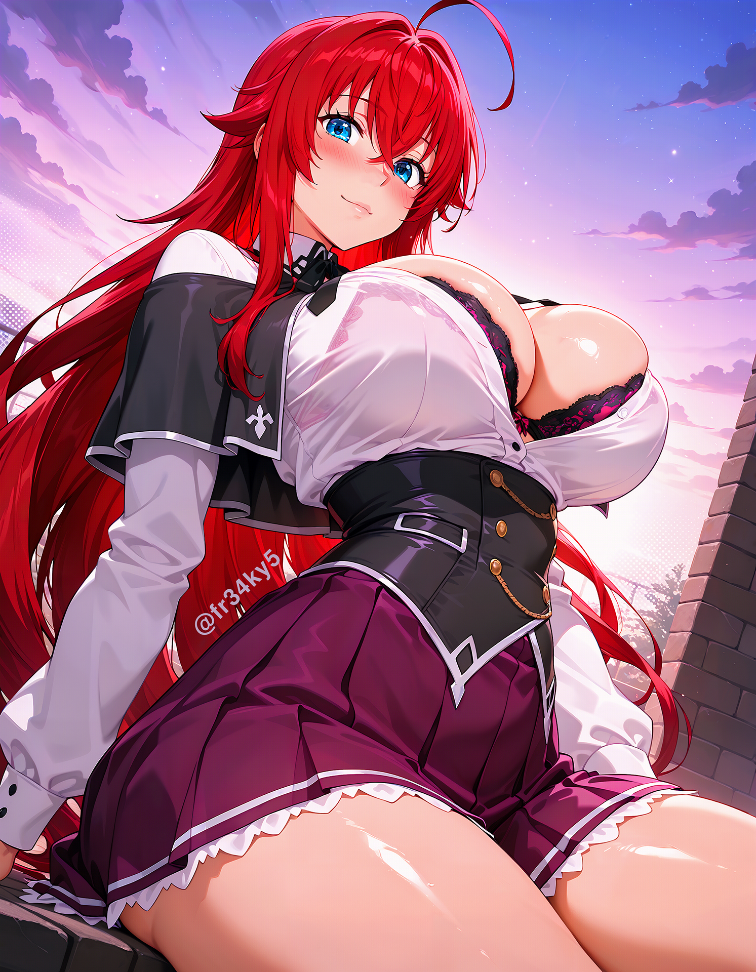 ai generated, blue eyes, female, female only, fr34ky, from below, high school dxd, red hair, rias gremory, school uniform, sitting, skirt, thick thighs