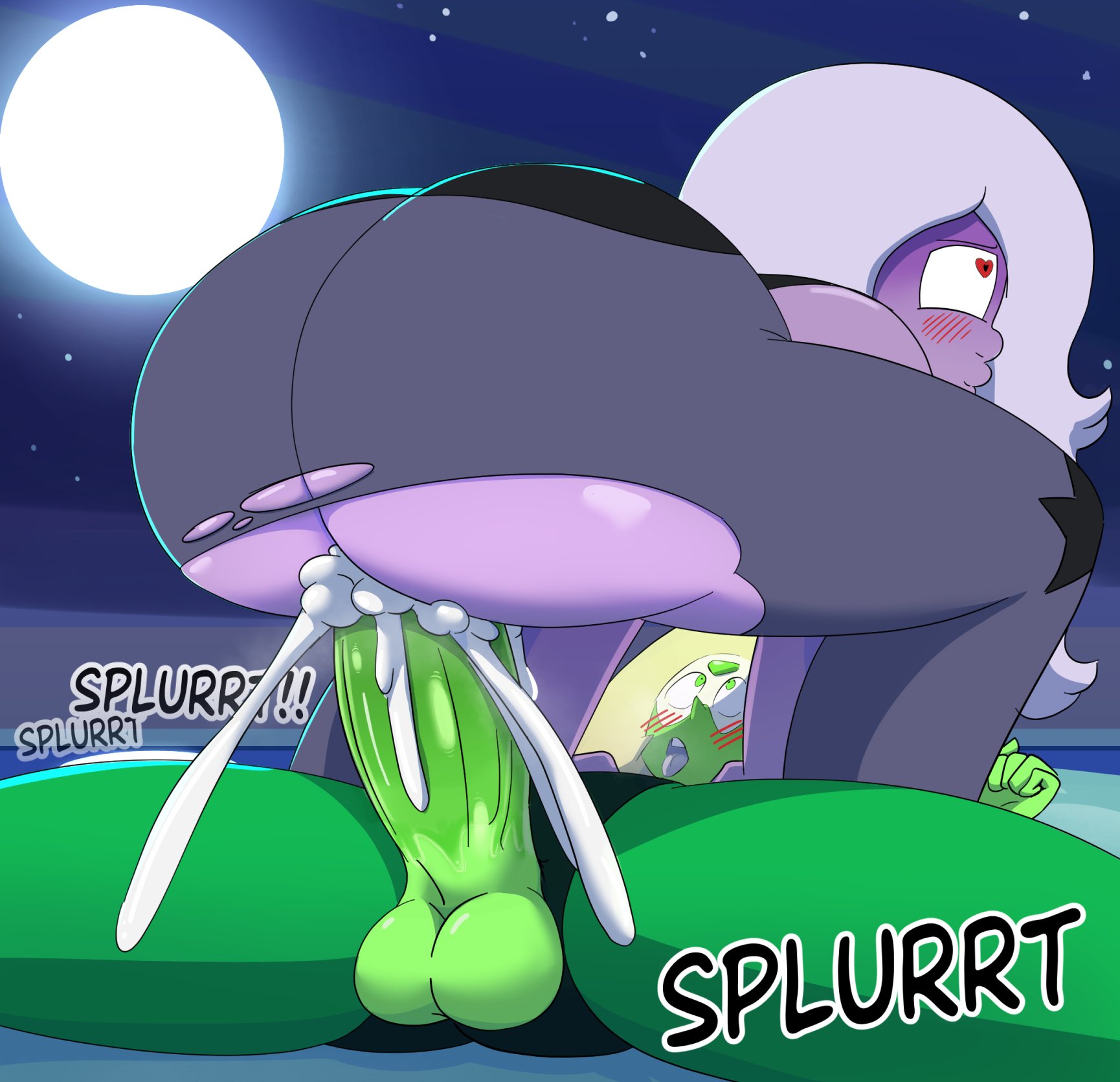 :o, 1futa, 1girls, ahe gao, amethyst (steven universe), ass, balls, big ass, big penis, blush, cartoon network, clothed, clothed sex, clothing, cum, cum in pussy, cum inside, dialogue, english text, female, futa on female, futa/female, futanari, green skin, grey body, heart, heart-shaped pupils, huge cock, intersex, lying, moon, night, night sky, open mouth, penetration, penis, peridot (steven universe), purple body, purple skin, pussy, sex, spakka5, steven universe, symbol-shaped pupils, text, tongue, tongue out, torn clothes, torn clothing, vaginal insertion, vaginal penetration, vaginal sex