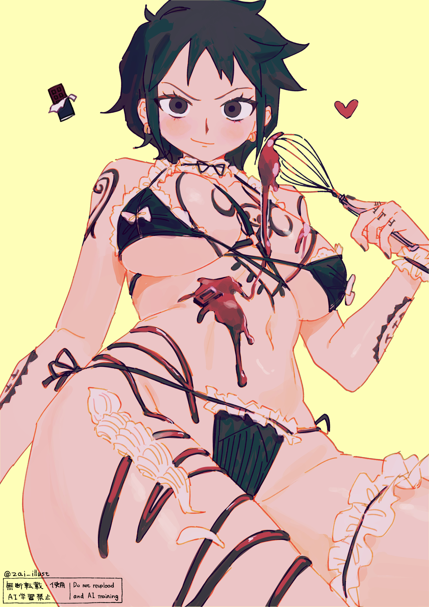 1girls, artist name, big breasts, bikini, black bikini, black bra, black eyes, black hair, black panties, blush, bra, breasts, canon genderswap, chocolate, chocolate on body, chocolate on breasts, clothing, color, cream, female, female only, frosting, garter, genderswap, genderswap (mtf), highres, icing, lingerie, looking at viewer, micro bikini, one piece, panties, plain background, pouring on self, rule 63, short hair, simple background, sitting, smile, solo, thigh strap, trafalgar law, trafalgar law (female), twitter username, underboob, whisk, yellow background, zai illust