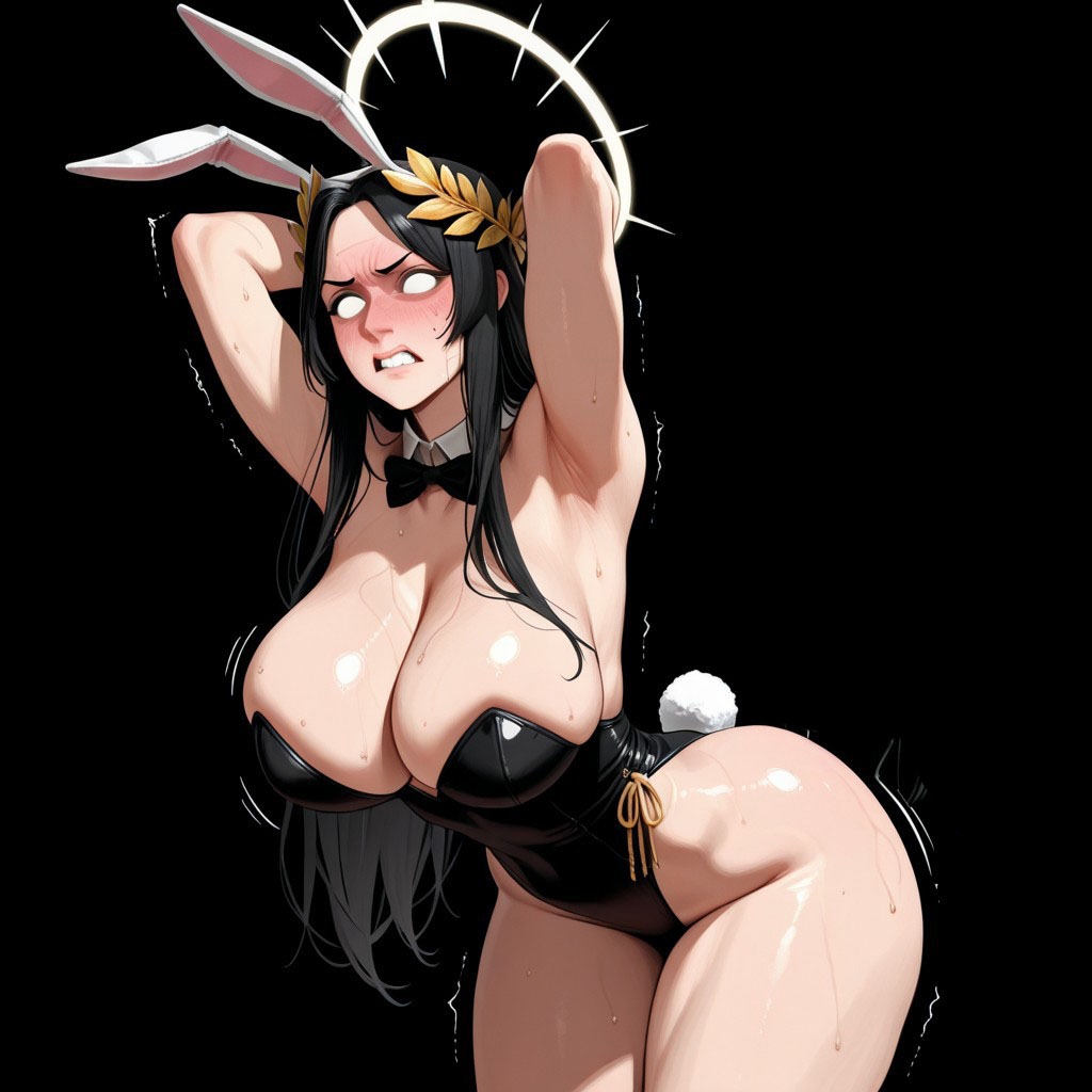 ai_generated angry big_ass big_breasts black_hair blush breasts bunnysuit disgusted god-emperor_of_mankind goddess humiliated long_hair pose rule_63 standing thick_thighs warhammer_(franchise) warhammer_40k