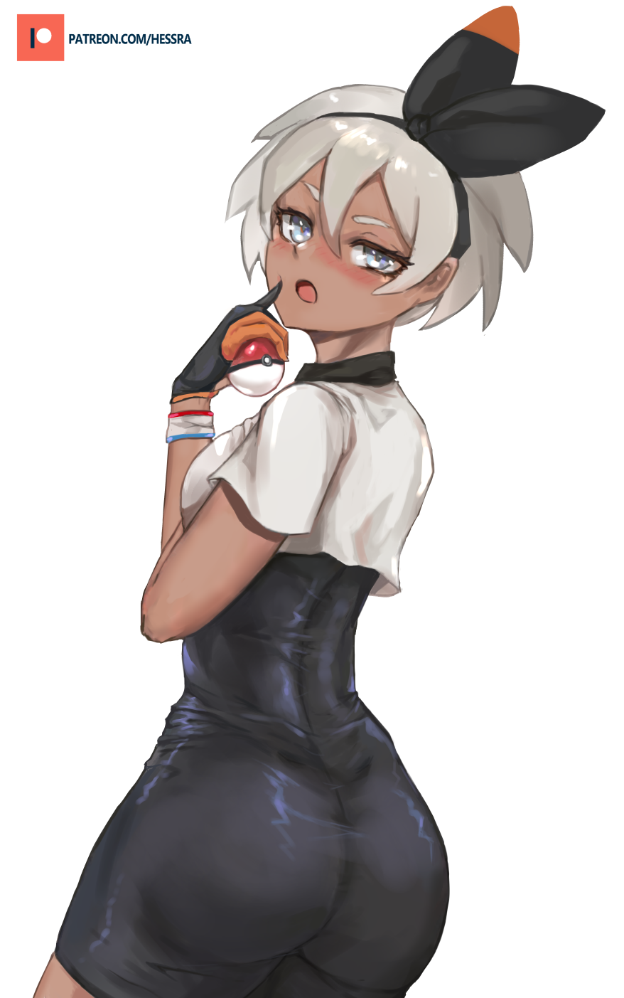 1girls bea_(pokemon) blonde_hair blue_eyes blush bodysuit clothed dark-skinned_female dark_skin female female_only gloves hairband hessra human nintendo open_mouth patreon poke_ball pokemon pokemon_ss shirt short_hair solo standing text thick_thighs url watermark white_background