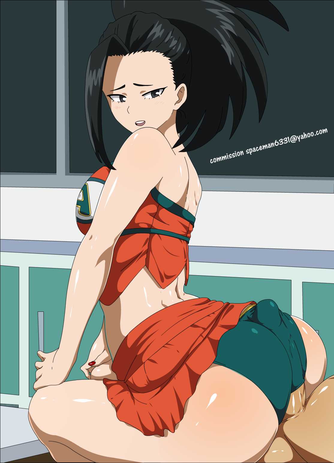 1boy 1girls ass ass_focus assjob big_ass big_butt bimbo bottom_heavy bubble_ass bubble_butt busty butt_focus buttjob cheerleader covered_buttjob dat_ass huge_ass huge_breasts large_ass looking_back momo_yaoyorozu my_hero_academia penis_caught_in_panties red_nails spaceman6331 teenager thick_ass u.a._cheerleader_outfit unseen_male_face