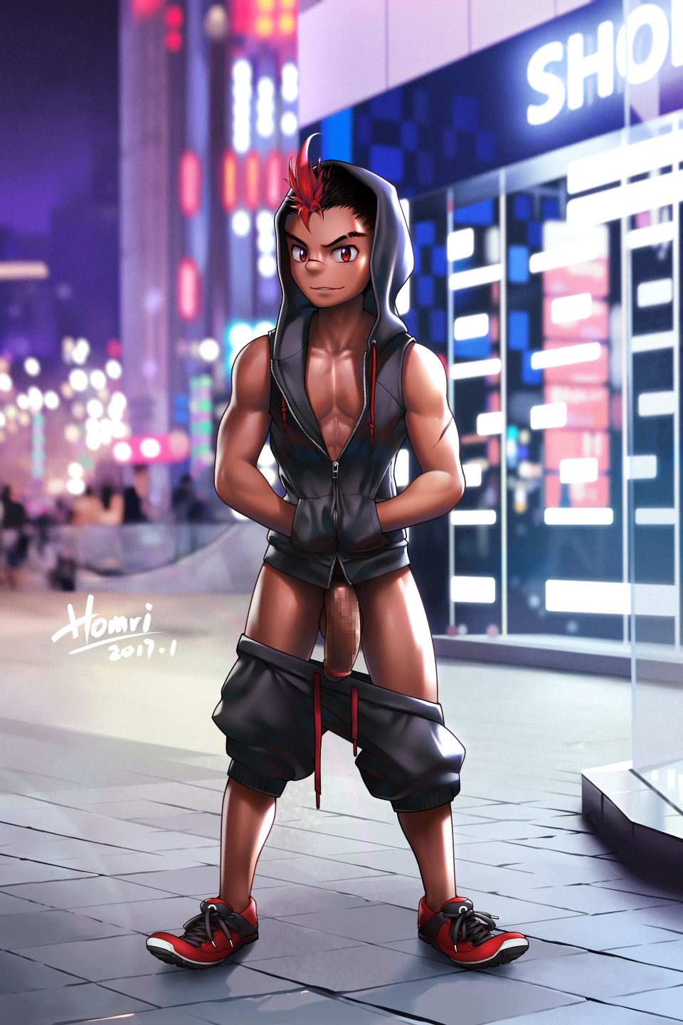 1boy big_penis black_hair censored homri male male_only penis red_eyes red_hair scar shoes shorts