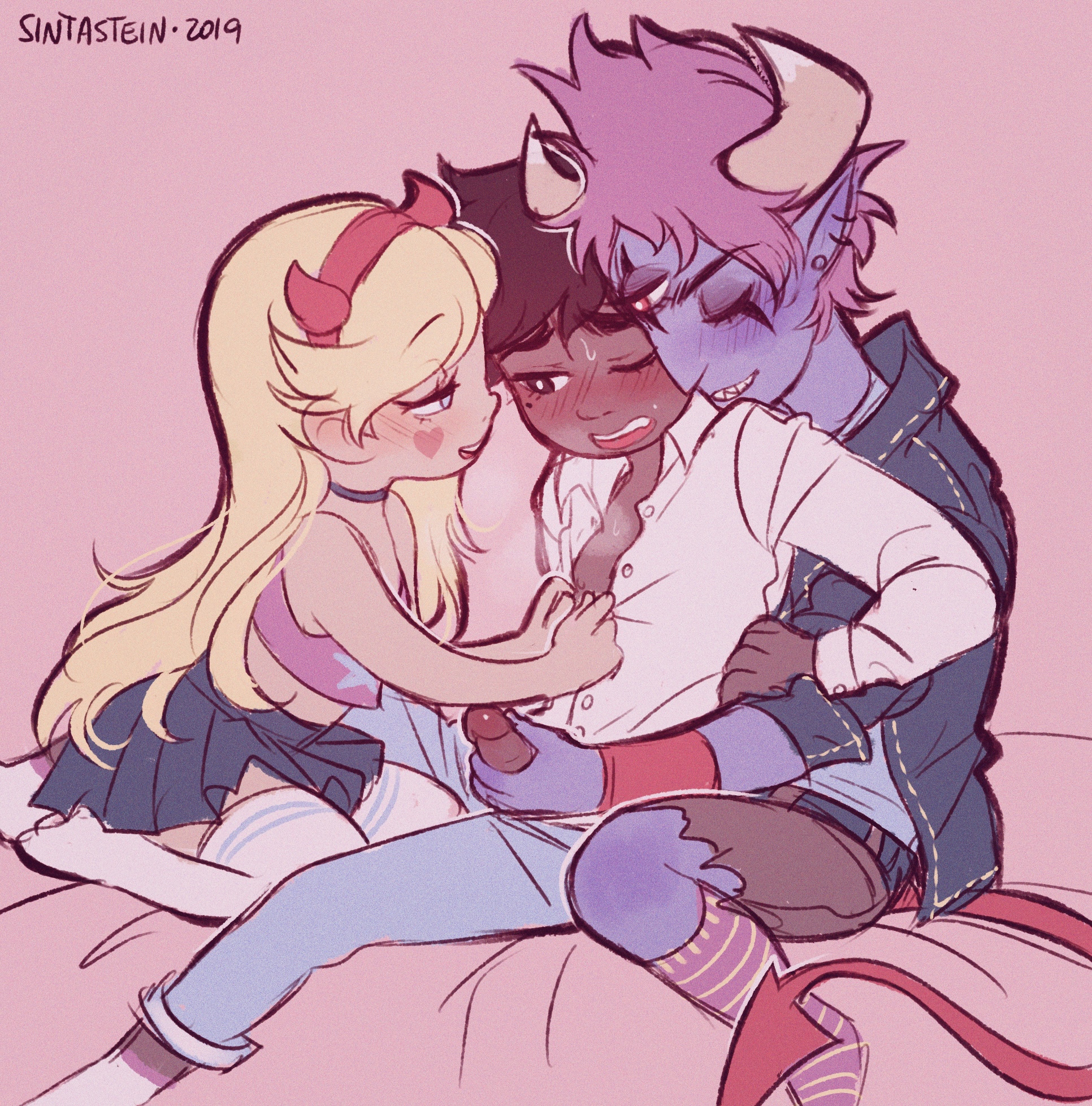 2019, 2boys, bisexual, bisexual male, blush, clothed, cute, female, female supporting yaoi, holding penis, male, male focus, male/female, male/male, marco diaz, penis, sinkaraia, sintastein, star butterfly, star vs the forces of evil, tan body, tan skin, tom lucitor, undressing, wholesome