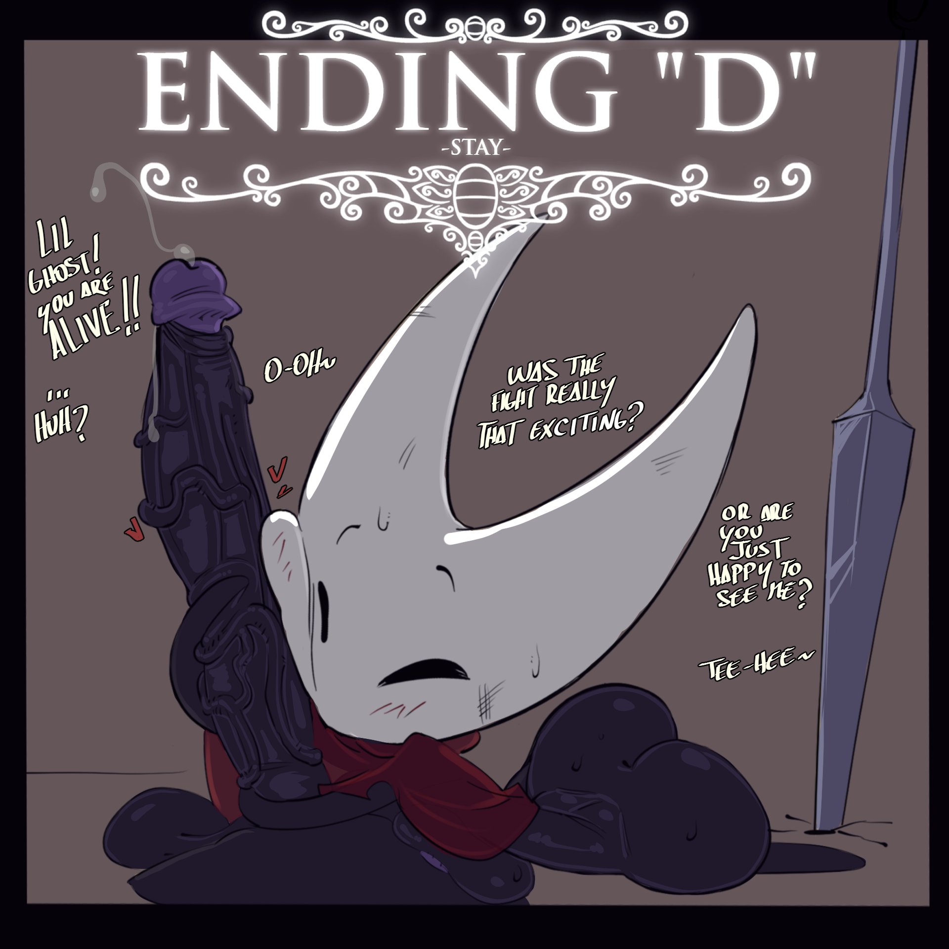 ass, big ass, big breasts, big butt, breasts, brother, brother and sister, english text, erection, female, foreskin, hollow knight, hornet (hollow knight), huge cock, imminent sex, incest, male, no feet, outerwear, outerwear only, penis, penis on cheek, penis on face, pokachu (artist), sister, solid eyes, the knight (hollow knight), uncircumcised, uncut, vessel (species)