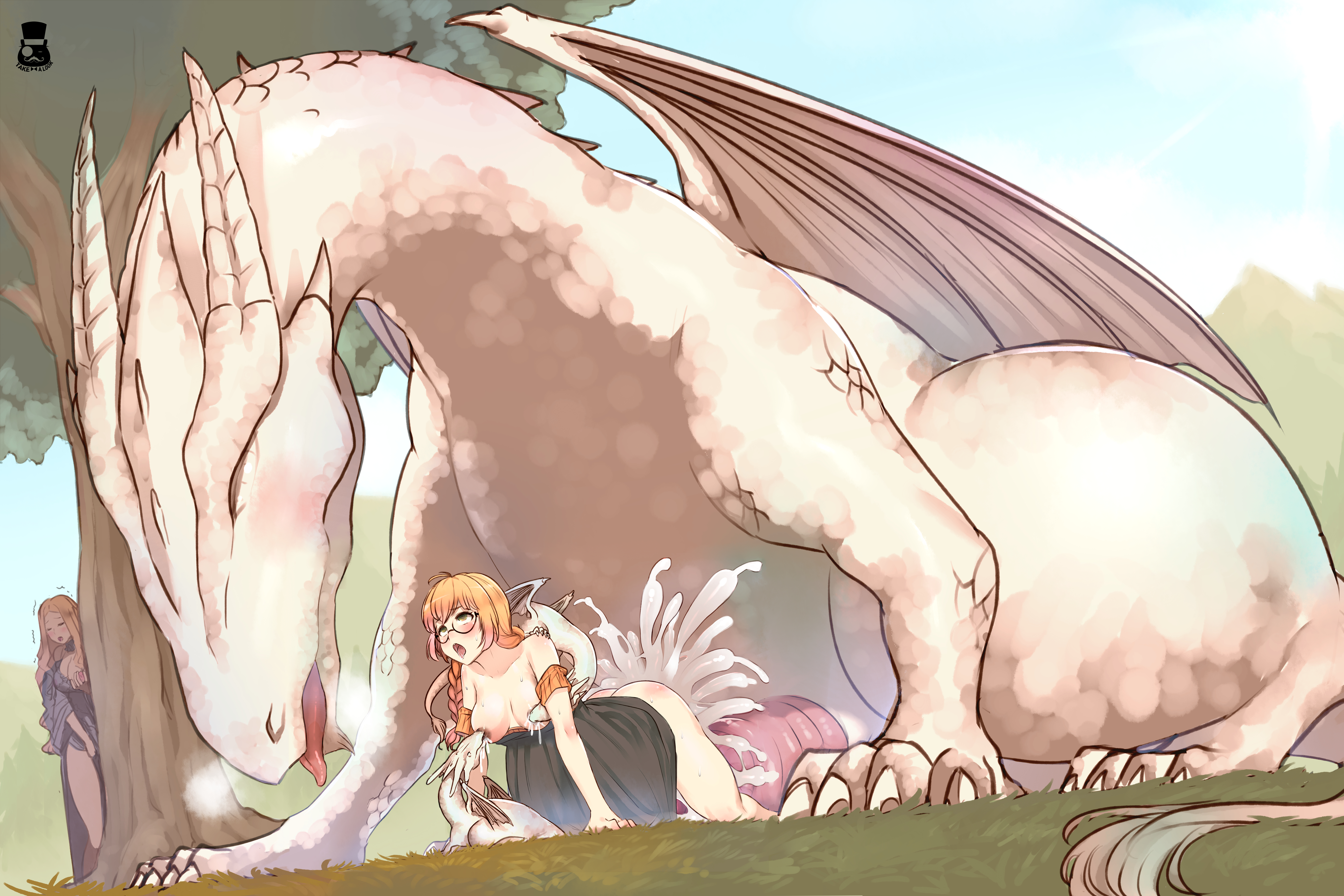 2girls, axela, blonde female, blonde hair, breastfeeding, breastfeeding during sex, breasts, corette, dracophilia, dragon, dragon sitter, excessive cum, extreme size difference, female, glasses, human mother baby monster, interspecies, lactation, larger male, larger male smaller female, male, mr.takealook, nursing, on all fours, pregnant, quadruped, round glasses, size difference, smaller female, teratophilia, webtoon, zoophilia