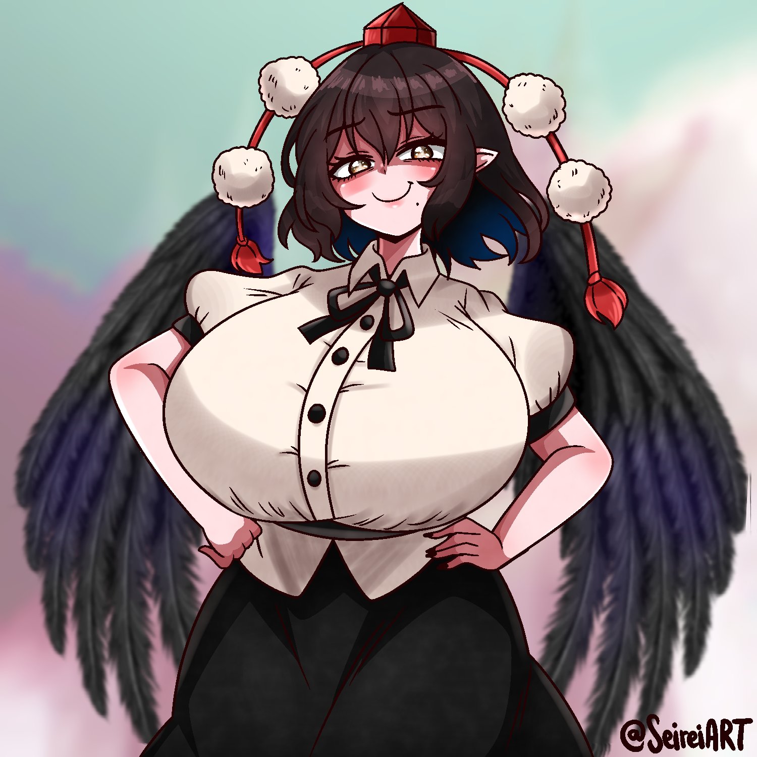 1girls, black hair, breasts, confident, dress, english text, female, huge breasts, looking at viewer, seireiart, shameimaru aya, smile, strip game, tagme, talking to viewer, touhou, twitter watermark