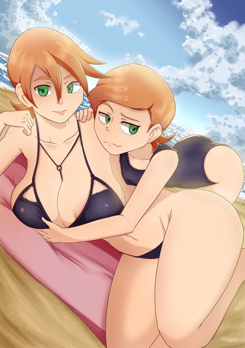 2girls, ass, beach, ben 10, ben 10 (classic), breasts, cheesoart, curves, female, female only, future gwen, future gwen (ben 10,000), green eyes, gwen tennyson, gwen tennyson (classic), large breasts, multiple females, multiple girls, orange hair, size difference, small breasts, swimsuit, take your pick