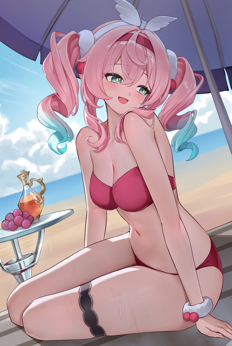 1girls, beach, female, green eyes, honkai: star rail, hoyoverse, hyacine (honkai: star rail), lunacle, mihoyo, pink hair, red swimsuit, sitting down, swimsuit, twintails, umbrella