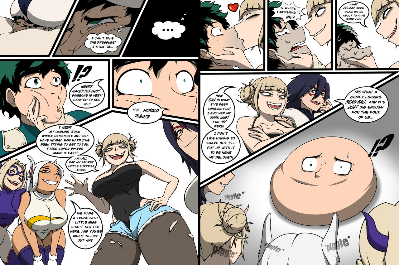 1boy, 2d, 4girls, ass, bullying, comic, dialogue, fat ass, female, himiko toga, human chair, inanimate transformation, izuku midoriya, kissing, male, midnight (my hero academia), mirko, mount lady, my hero academia, nemuri kayama, ourcouncil, rumi usagiyama, sketch, slave, smaller male, text, thick thighs, transformation, yuu takeyama