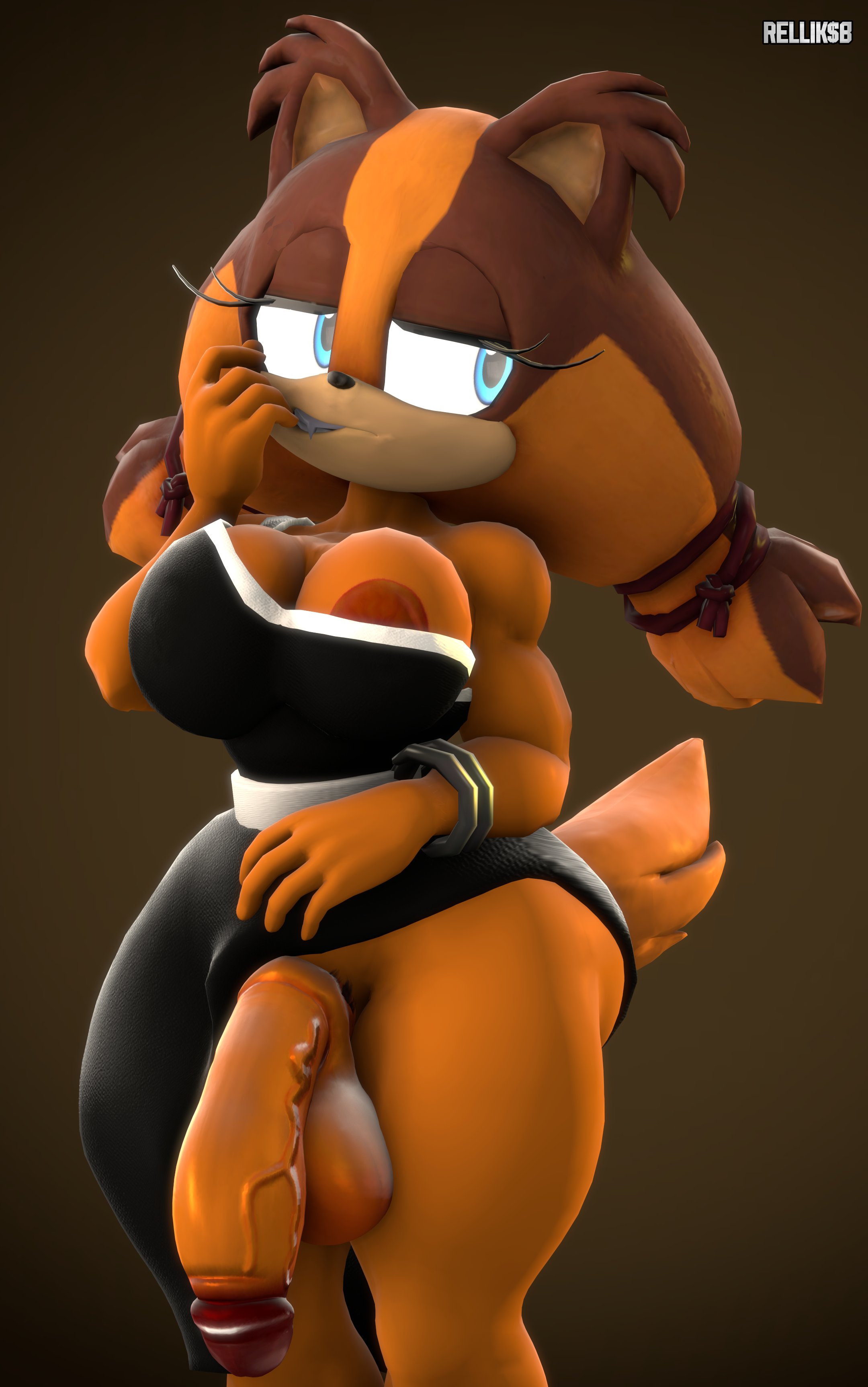 3d, anthro, areola slip, areolae, balls, big breasts, big penis, bitting finger, blue eyes, breasts, brown fur, dress, futa only, futanari, intersex, kabalmystic, kabalmystic (style), lady sticks, nervous, nipple slip, nipples, penis, relliksb, sega, solo, sonic (series), sonic boom, sticks the badger, sticks' finger bite (meme)