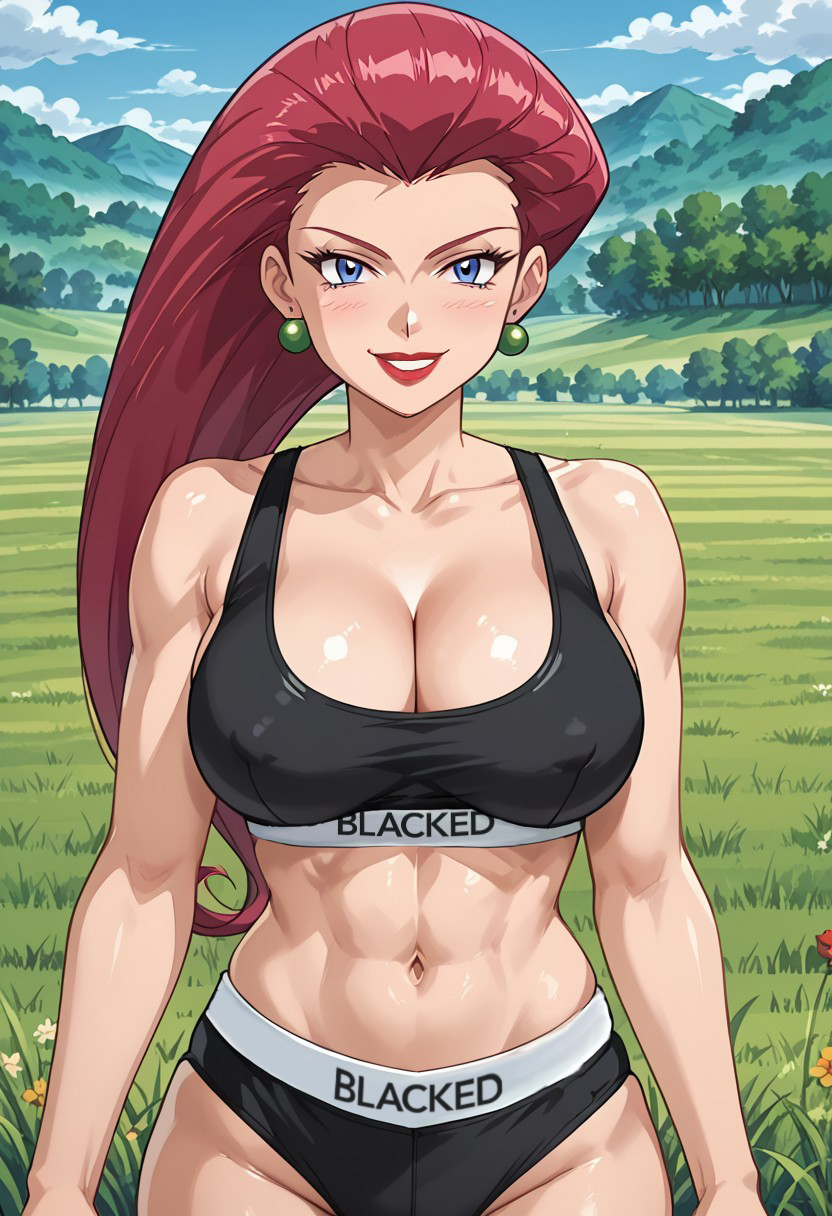 1girls ai_generated blacked blacked_clothing blue_eyes civitai cleavage earrings facing_viewer female field grin hair_slicked_back jessie_(pokemon) large_breasts lipstick looking_at_viewer mature_female navel nintendo nipples outdoors panties pokemon pokemon_(anime) purple_hair solo sports_bra team_rocket toned toned_female