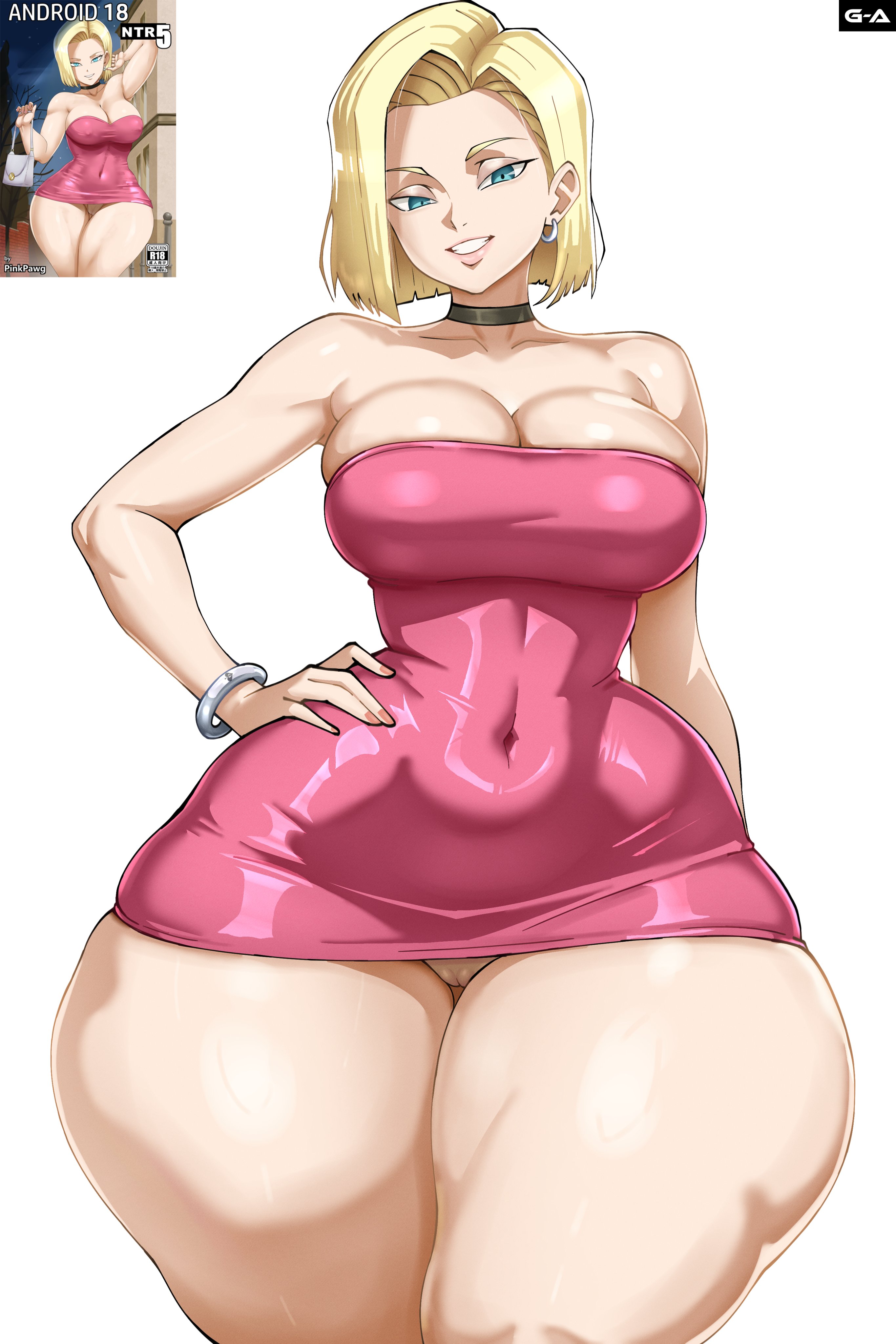 1girls, android 18, big breasts, black collar, blackedpawg18, blonde female, blonde hair, blonde-haired female, breasts, clothed, clothed female, collar, dragon ball, dragon ball z, dress, female, female only, gmoreartworks, hips, hips wider than shoulders, light skin, light-skinned female, no underwear, pink dress, pinkpawg, pussy, thick thighs, thighs, vagina, wide hips
