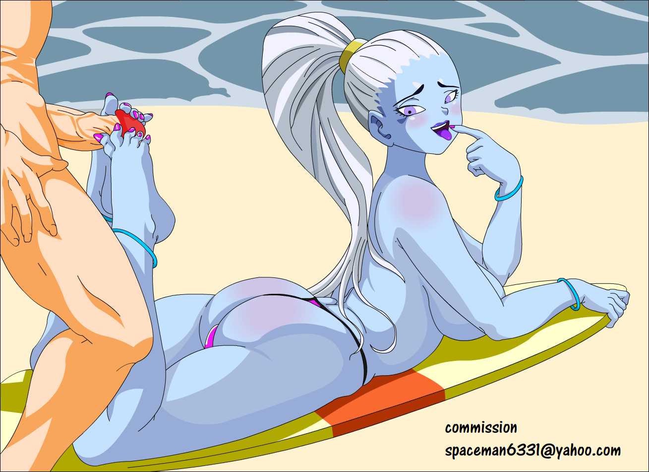 1boy 1girls angel_(dragon_ball) artist_name ass barefoot beach blue_skin blush breasts commission dragon_ball dragon_ball_super dragon_ball_z feet female footjob looking_at_viewer looking_back male no_bra open_mouth penis ponytail purple_eyes purple_lips purple_toenails purple_tongue reverse_footjob spaceman6331 thong tongue_out two-footed_footjob unseen_male_face vados veiny_penis white_hair