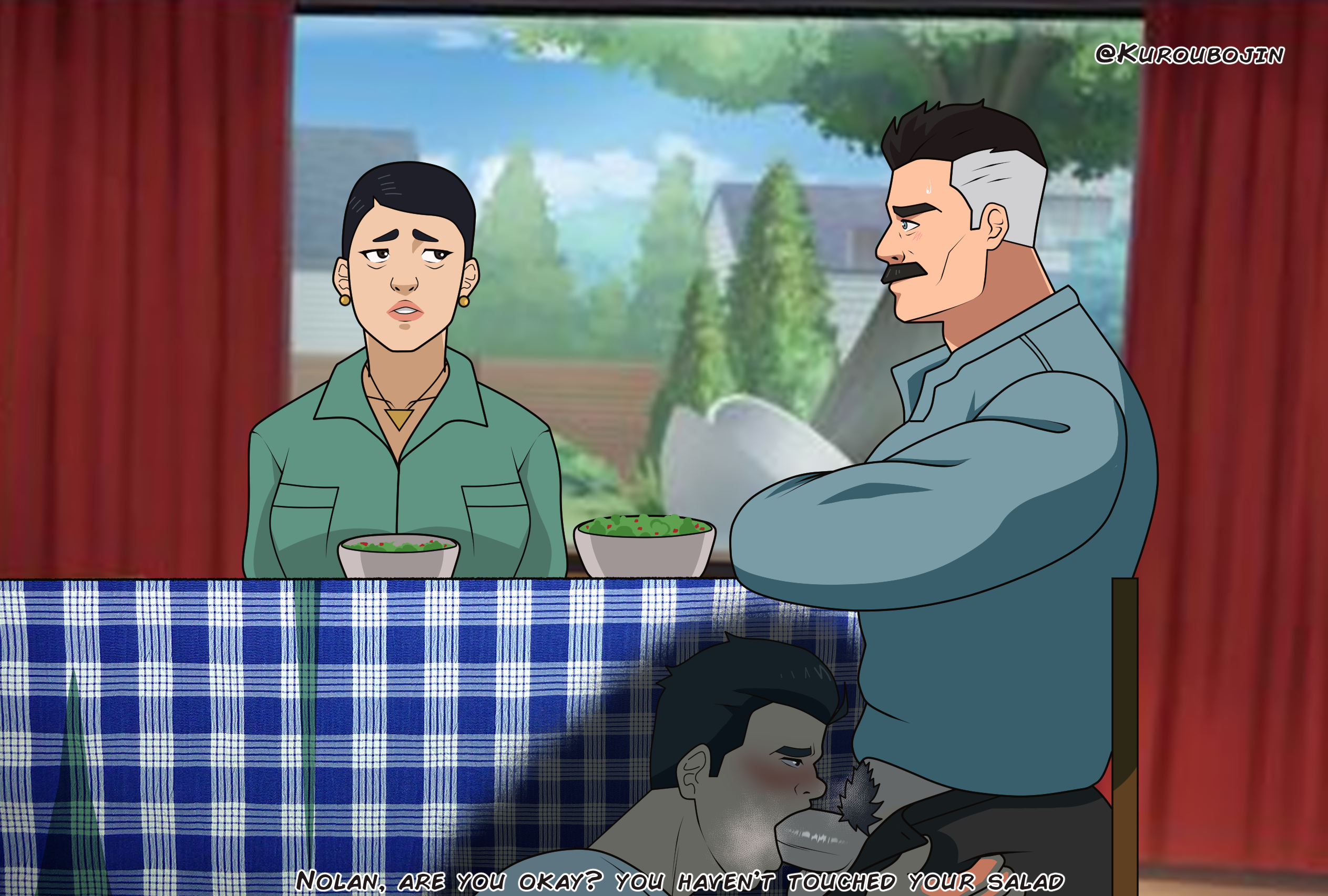 2d, accurate art style, blowjob, cheating, cheating husband, cock gobble, cock hungry, cock sucking, dad and son, dad fucking son, dadson, deepthroat, dialogue, english text, father, father and son, fellatio, gay, gay blowjob, gay incest, giving head, going down on, hidden sex, hiding, incest, invincible, invincible (tv series), kuroubojin, male, male only, male/male, mark grayson, mouth full of cock, mouthful, netorare, nolan grayson, ntr, omni-man, oral, oral penetration, oral sex, pants open, penis, penis in mouth, son, son blowing dad, stealth sex, sucking off, sucking penis, under the table, undertable, yaoi