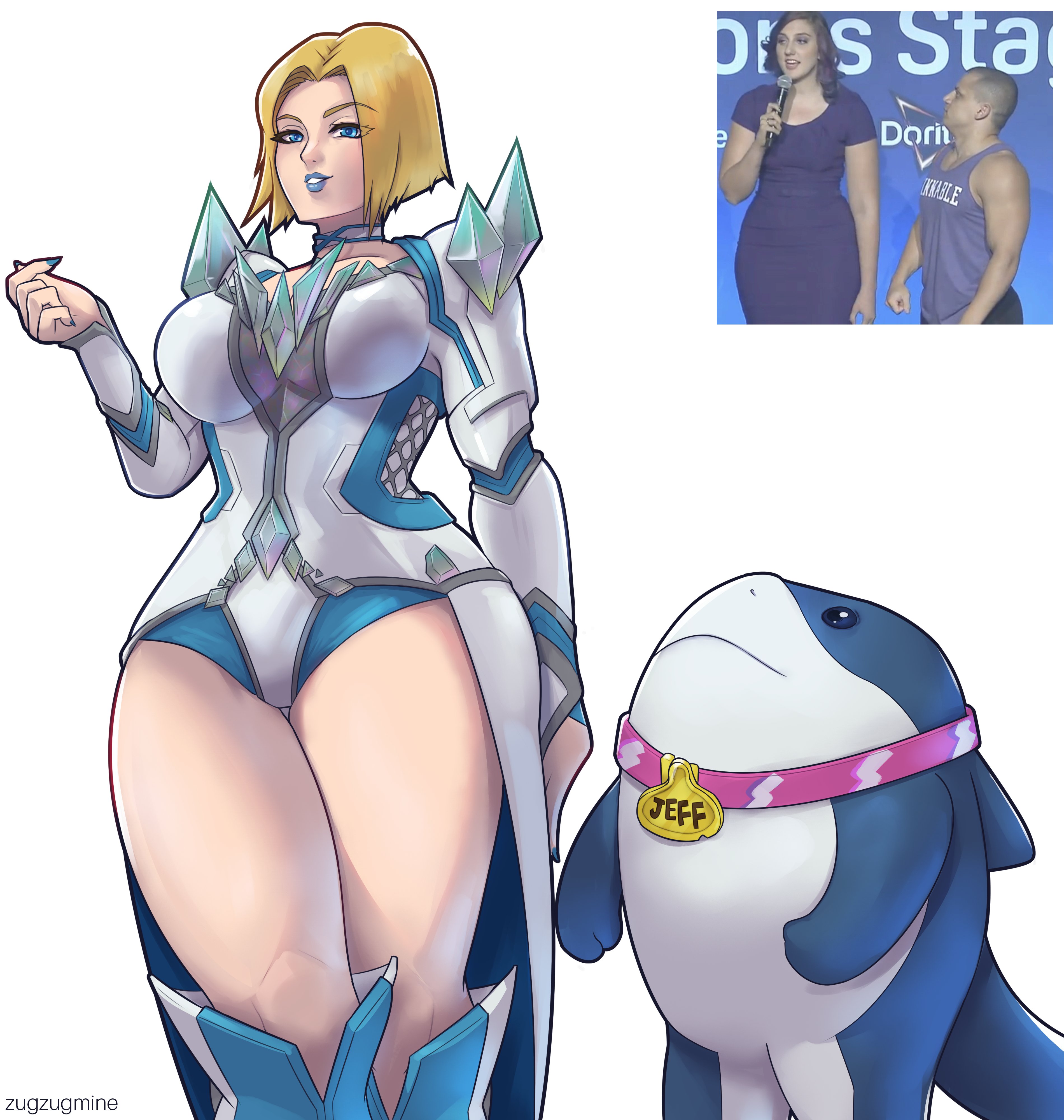ass, big ass, big breasts, blonde female, blonde hair, blue lipstick, blue nails, bob cut, breasts, doritos, emma frost, emma frost (marvel rivals), female, funny, jeff the land shark, marvel, marvel comics, marvel rivals, mel capperino-garcia, meme, milf, reference image, riotswimbananas, thick thighs, tyler1, zugzugmine