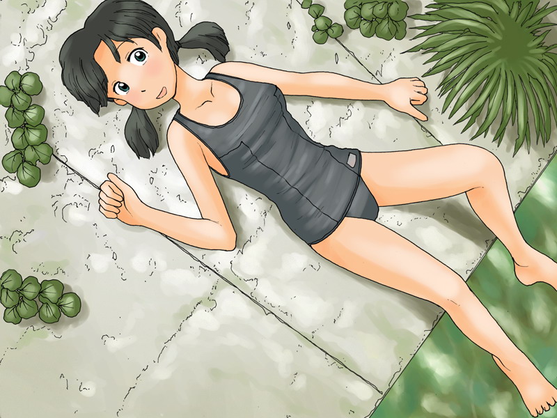 awatake_takahiro female lying_on_back lying_on_ground sanpo_de_inaka_de_natsu school_swimsuit twintails