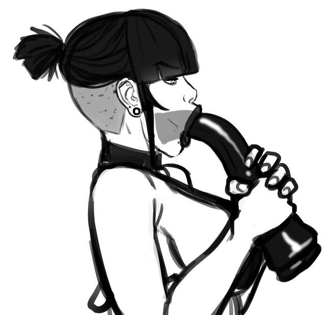 1girls, black and white, black hair, black lips, black lipstick, dildo in mouth, female, goth, horsecock dildo, madeline zoldak, oral, pumpkinsinclair, solo, tagme