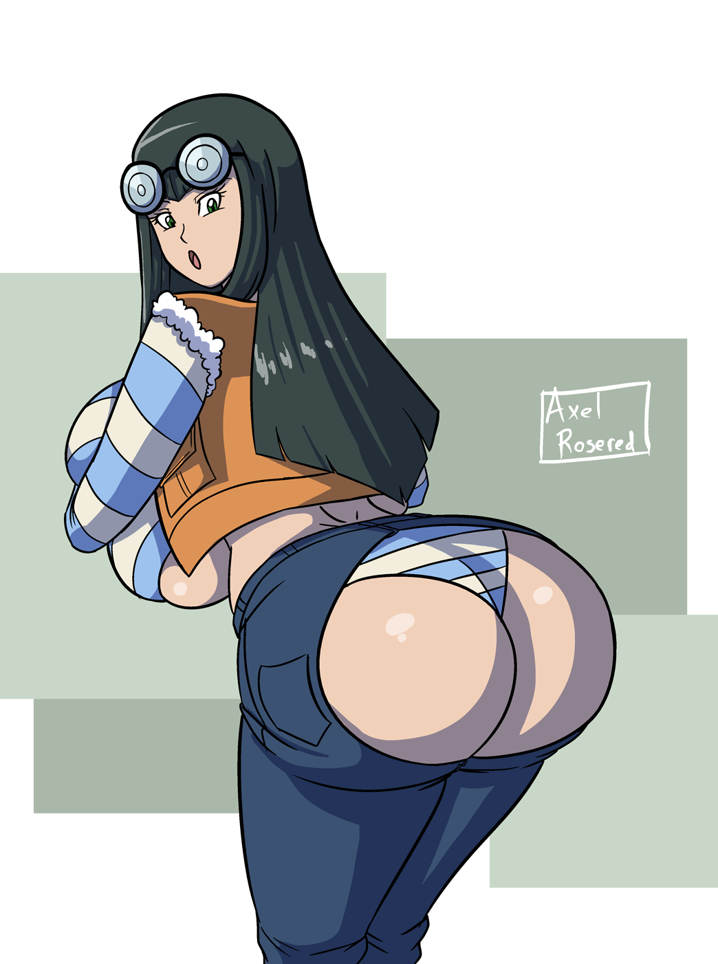 1girls :0 alternate_breast_size axel-rosered big_ass big_breasts big_butt black_hair breasts butt carly_carmine carly_nagisa clothed female female_focus female_only gigantic_breasts glasses glasses_on_forehead green_eyes hime_cut huge_breasts huge_butt jeans large_breasts large_butt long_hair looking_back panties ripped_jeans shiny_ass shiny_breasts shiny_hair shiny_skin solo solo_focus surprised text underboob voluptuous watermark yu-gi-oh! yu-gi-oh!_5d's