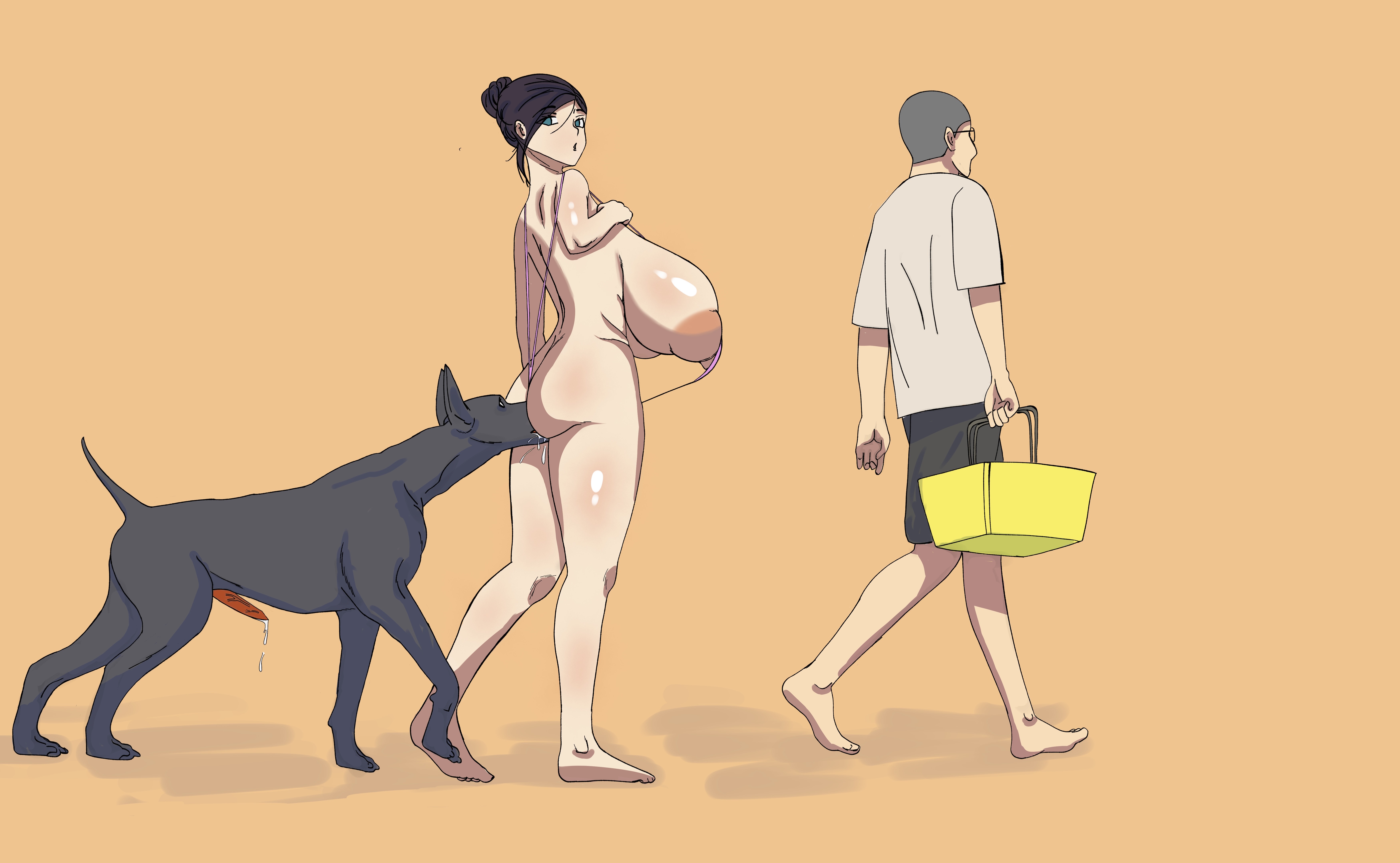 1boy, 1girls, ass, breasts, canine, female, huge ass, huge breasts, lactation, long hair, looking back, male, male/female, nipples, open mouth, partially clothed, pussy, pussy juice, saliva, saliva trail, surprised, uncensored, zoophilia
