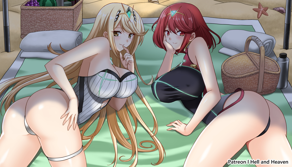 2girls, artist name, ass, bangs, basket, beach, blonde hair, blush, bottle, breasts, competition swimsuit, female, gem, hair ornament, headpiece, hellandheaven, jewelry, long hair, looking at viewer, lying, multiple females, multiple girls, mythra, nintendo, one-piece swimsuit, patreon username, pose, pyra, red hair, sand, shiny, shiny skin, short hair, starfish, swept bangs, swimsuit, thigh strap, tiara, towel, umbrella, very long hair, xenoblade (series), xenoblade chronicles 2