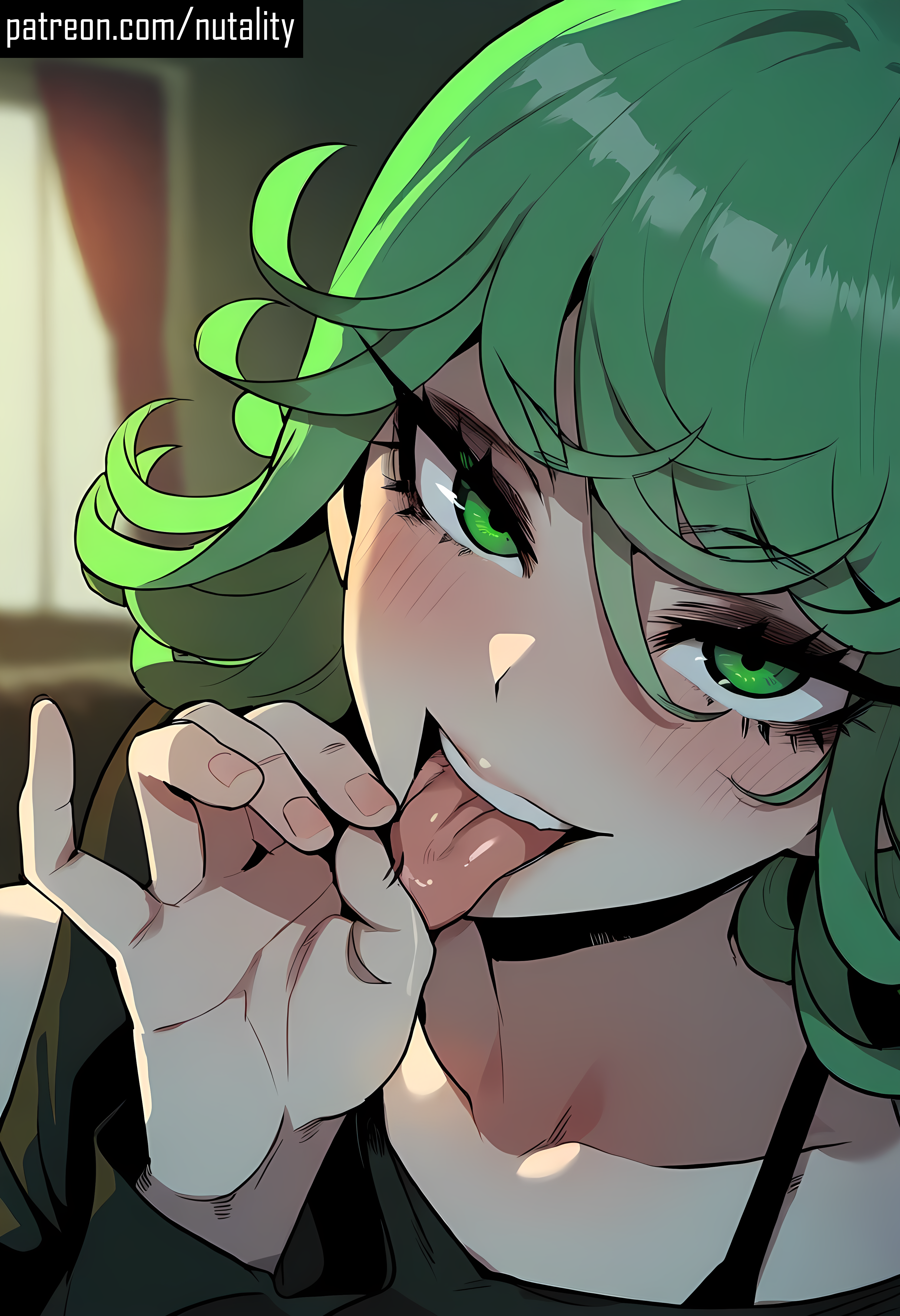 ai generated, blush, blush lines, blushing at viewer, blushing female, fellatio, fellatio gesture, female, female focus, female only, green eyes, green hair, hi res, highres, inviting, inviting to sex, lips, looking at viewer, naughty, naughty face, naughty smile, nutality, one-punch man, oral, patreon, patreon username, seductive, seductive eyes, seductive look, seductive mouth, seductive pose, seductive smile, smile, smiley face, smiling, smiling at viewer, solo, solo female, solo focus, tatsumaki, teasing, teenage female, teenager, tongue, tongue out