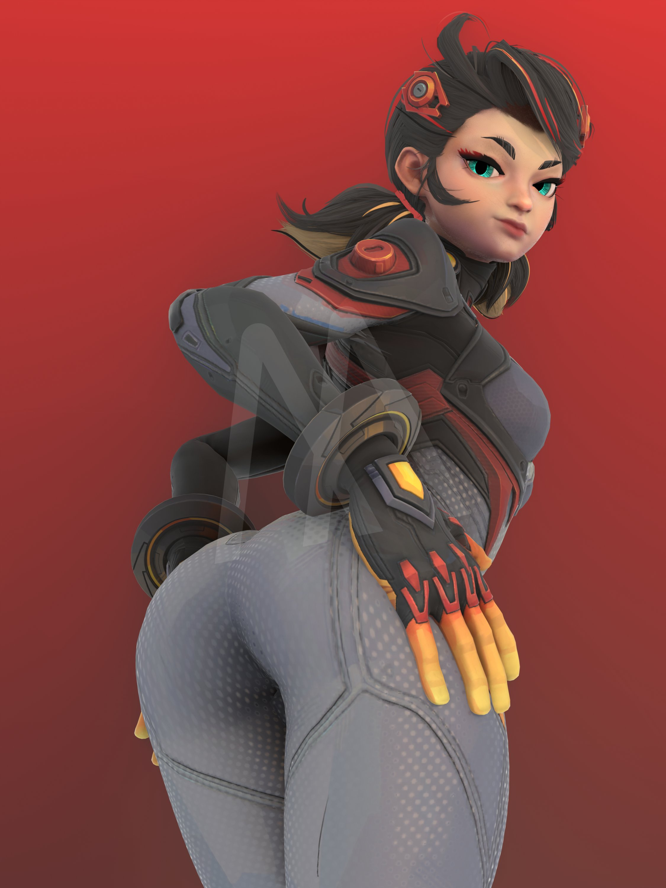 3d, ass, ass focus, ass grab, black hair, blender, bodysuit, butt focus, butt grab, female, hands on ass, looking at viewer, marvel, marvel comics, marvel rivals, netease games, peni parker, peni parker (marvel rivals), punk, punk girl, red background, solo, solo female, the michael, tomboy, watermark