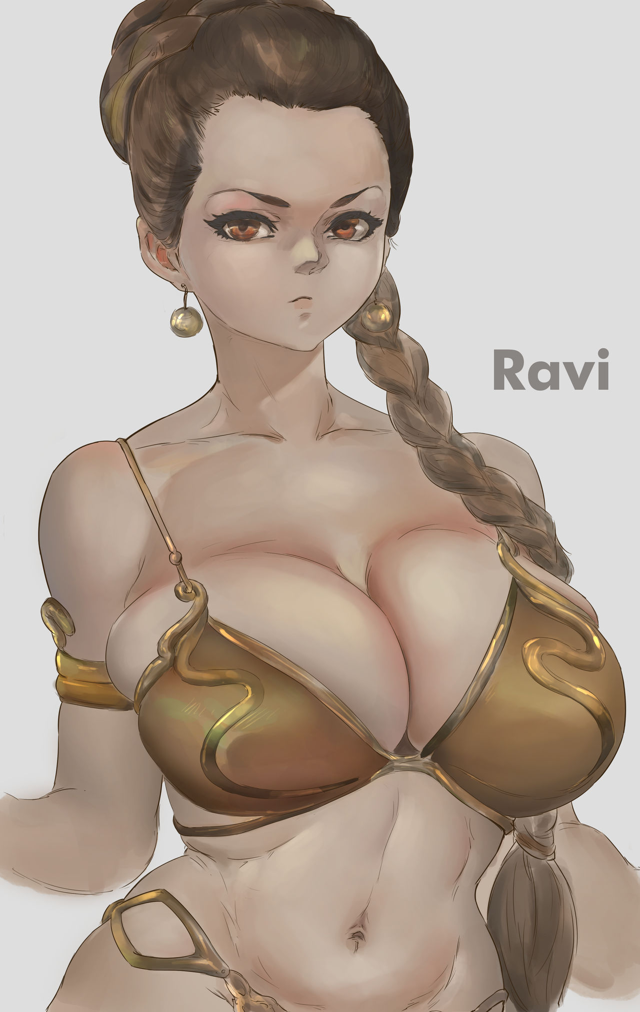 artist name, belly dancer, belly dancer outfit, braided hair, breasts, brown eyes, brown hair, cleavage, enslaved royal, female, female only, harem girl, harem outfit, huge breasts, long hair, princess leia organa, ravidart, slave, slave bikini, slave girl, slave leia, slave outfit, star wars, voluptuous