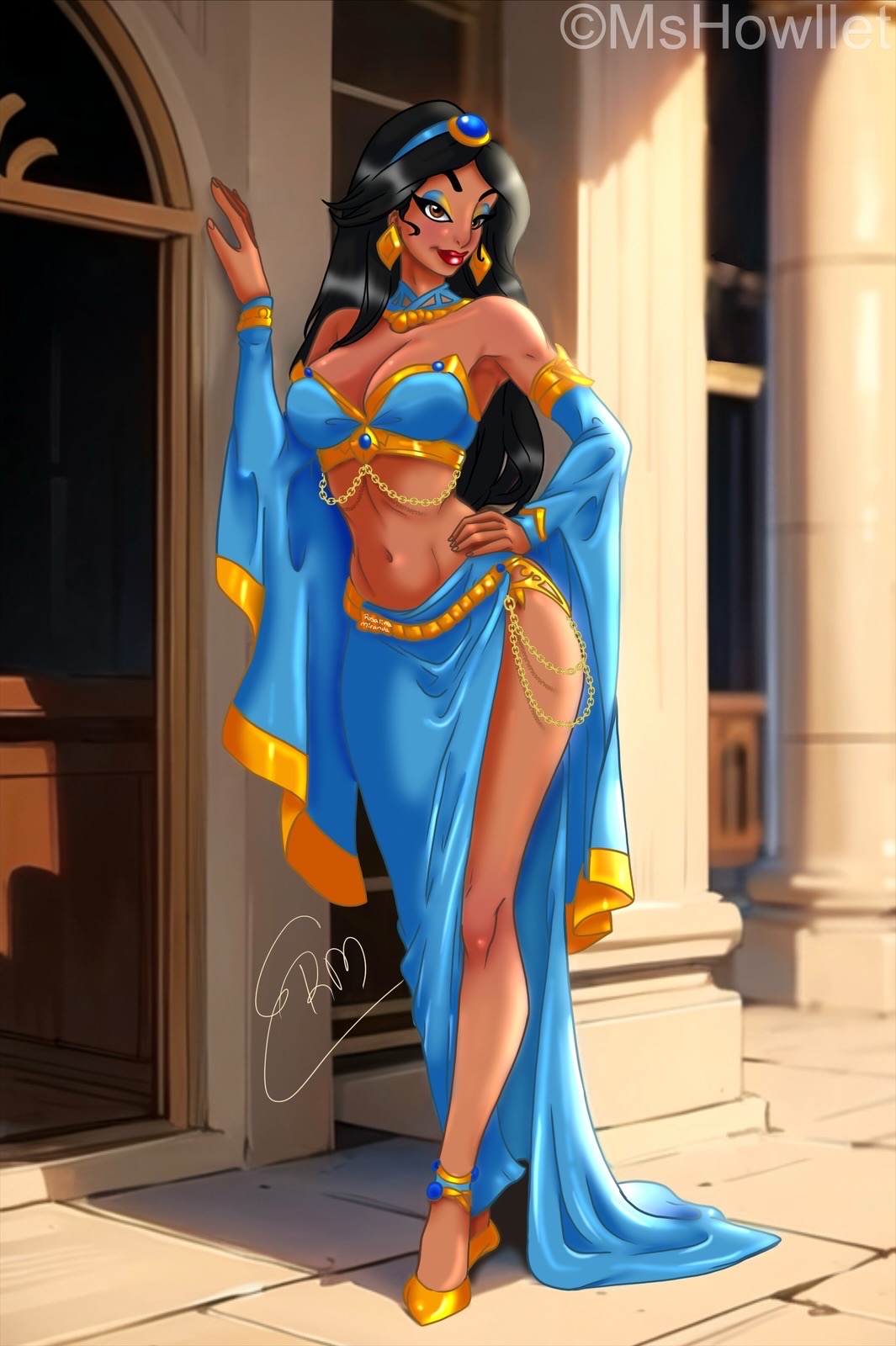 1girls, aladdin, aladdin (1992 disney film), arabian clothes, belly dancer, belly dancer outfit, black hair, breasts, brown eyes, cleavage, dark skin, dark-skinned female, detached sleeves, disney, disney princess, female, female only, harem girl, harem outfit, large breasts, long hair, middle eastern female, mshowllet, not porn, princess jasmine, royalty, sfw, signature, twitter username