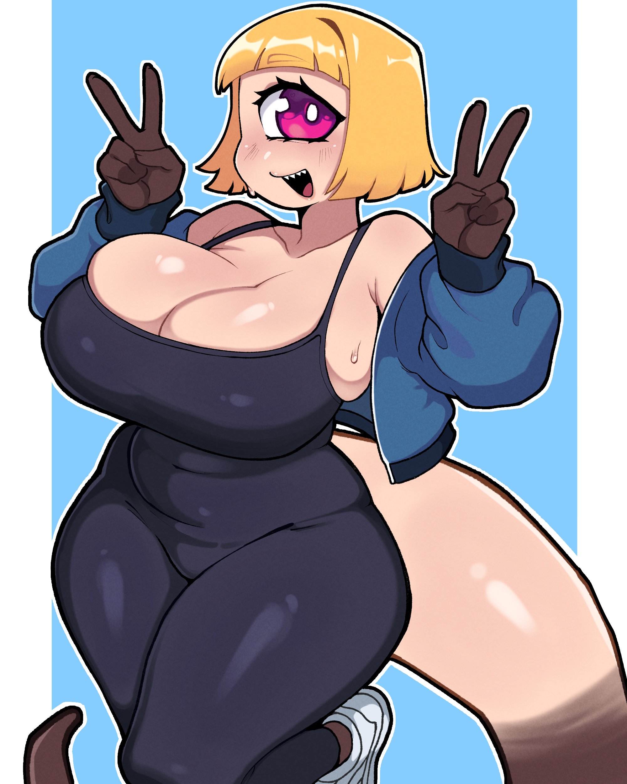 1girls, 2025, annie (anaid), big breasts, blonde hair, blush, bodysuit, breasts, brown hands, cleavage, commission, cyclops, double v, female, female only, hi res, humanoid, jacket, jacket off shoulders, large breasts, looking at viewer, memerieart, open mouth, pink eyes, sharp teeth, slightly chubby, smiling, smiling at viewer, solo, tail, tailclops (species), thick thighs, v sign