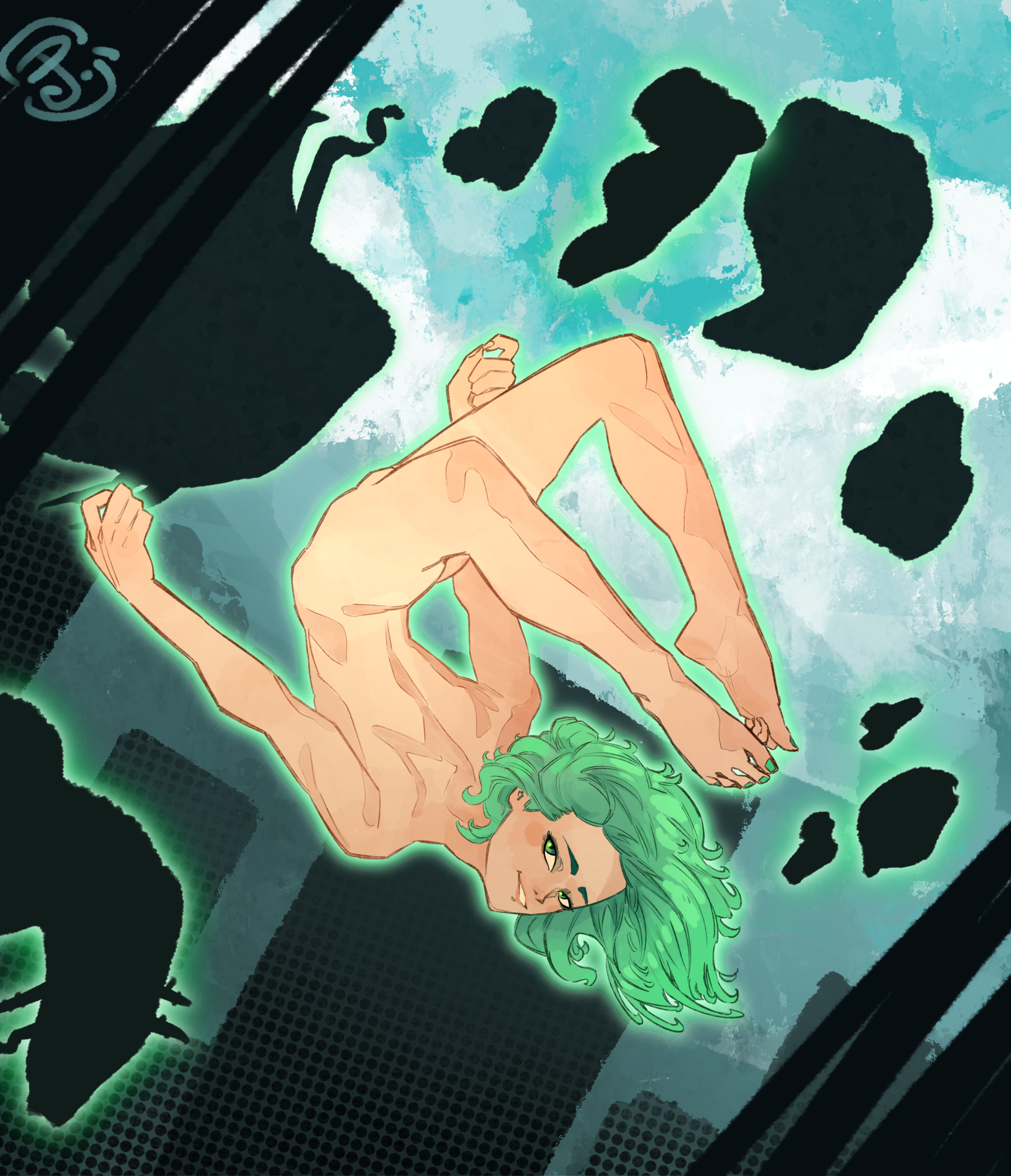 1girls, applesauce jack, back, back view, barefoot, feet, female, flying, glowing, green eyes, green hair, nude, one-punch man, outdoors, outside, painted toenails, petite, skinny, slim, smile, smiling at viewer, tatsumaki, toes