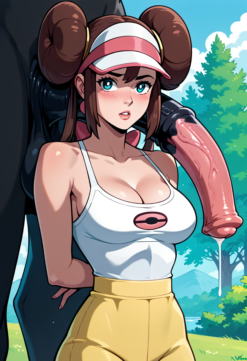 1boy, 1girls, absurdly large cock, ai generated, arms behind back, breasts, cleavage, female, flaccid, horse penis, horsecock, huge cock, impossible fit, male, male/female, paralap, penis, penis on breast, penis on shoulder, penis over shoulder, pokemon, rosa (pokemon), size difference, tagme, taller male