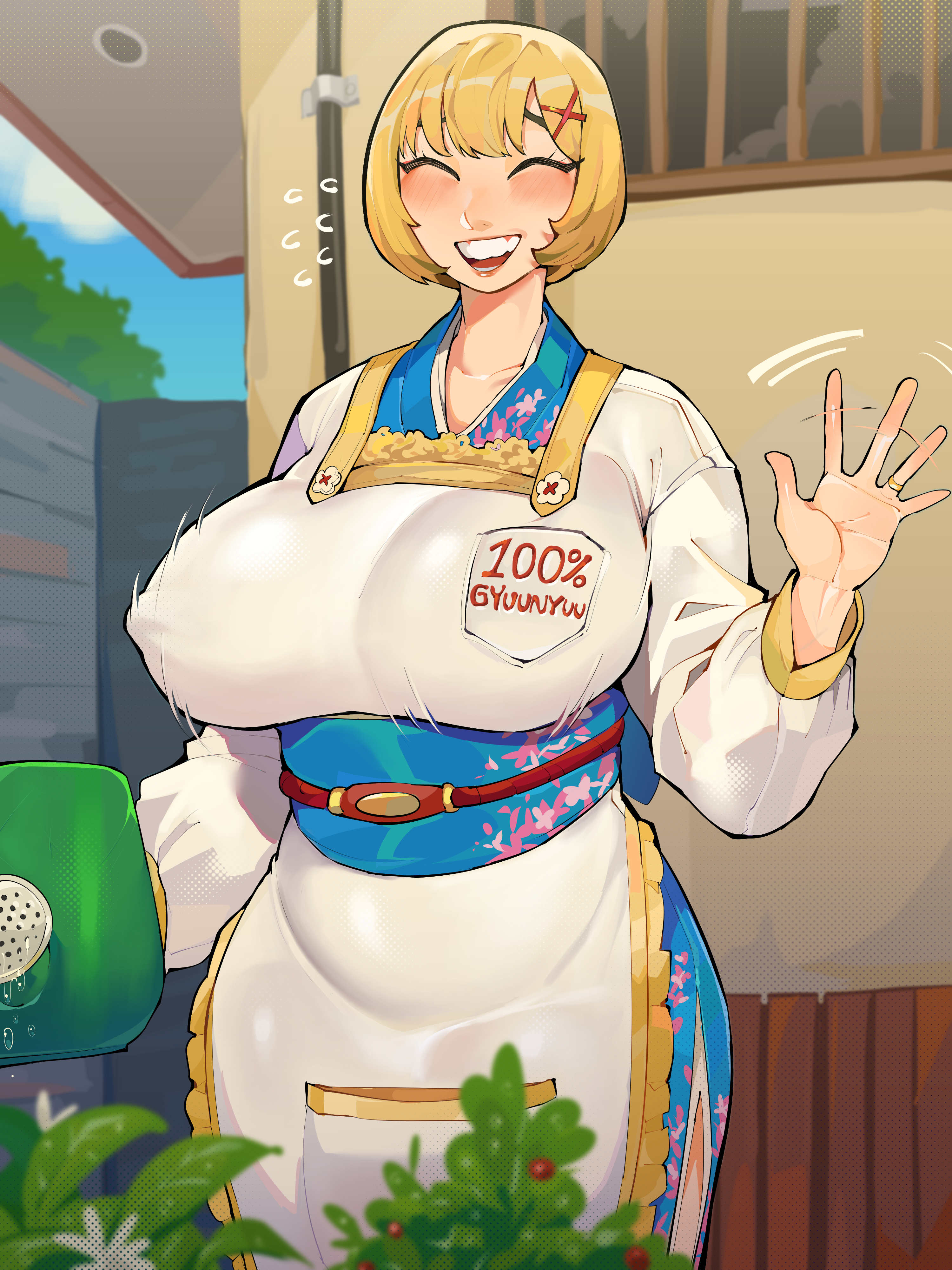 blonde female, blonde hair, busty female, chiyoi (diforland), diforland, female, female only, non nude, smiling, waving
