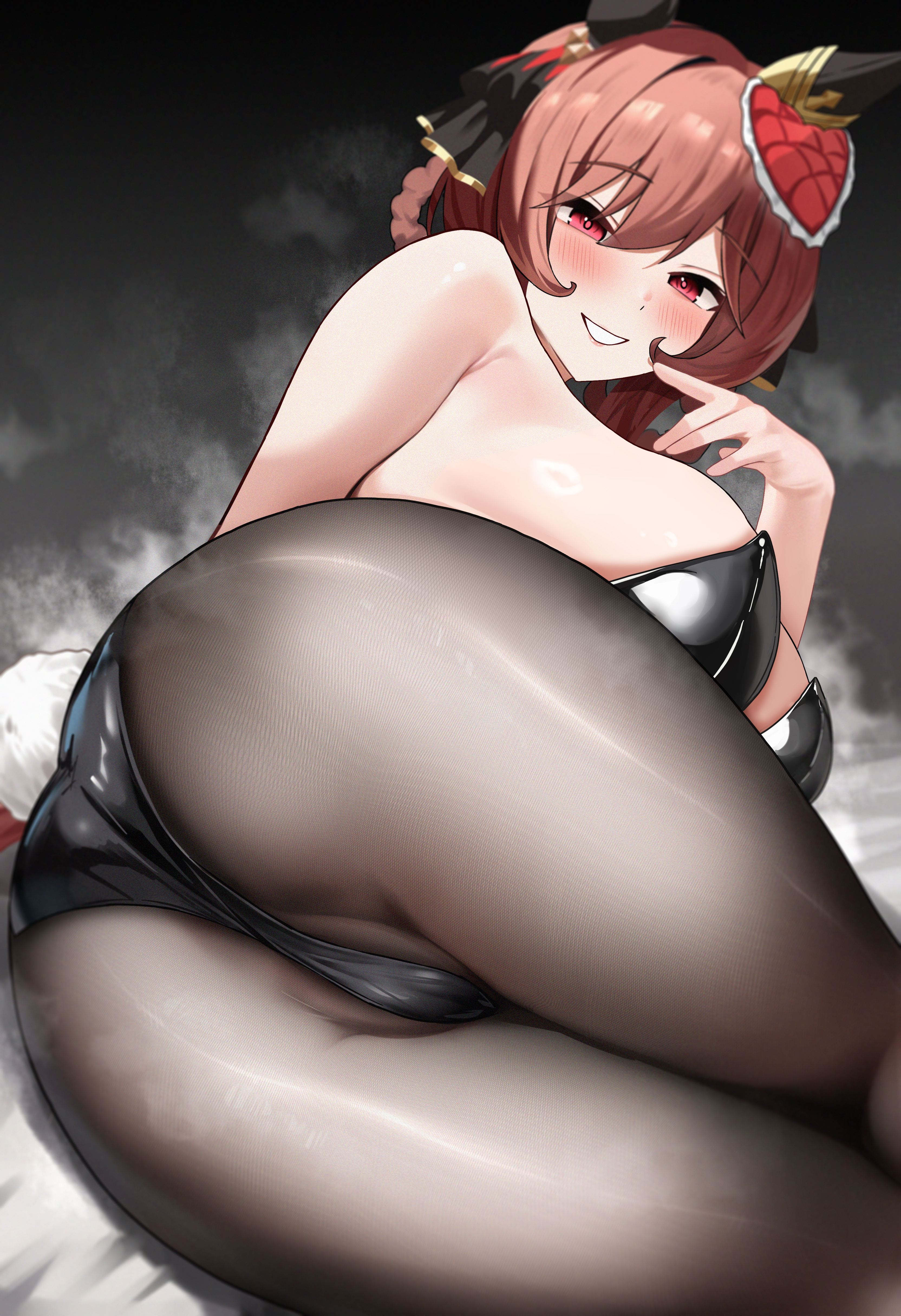 1girls, absurdres, alternate costume, animal ears, armpit crease, ass, ass focus, bare shoulders, black leotard, black pantyhose, blush, braid, braided hair rings, breasts, brown hair, dush 1154, fake tail, female, gentildonna (umamusume), hair between eyes, hair rings, heart ear ornament, highres, horse ears, horse girl, huge ass, leotard, long hair, looking at viewer, pantyhose, rabbit tail, red eyes, sideboob, smile, solo, steam, strapless, strapless leotard, tail, thighs, umamusume