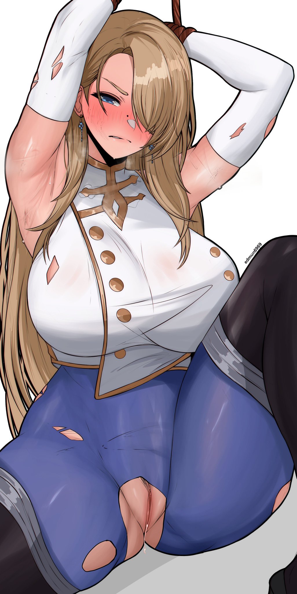 armpits, big breasts, blonde hair, blush, breasts, brown dust (series), brown dust 2, edmun, female, no bra, no panties, pussy, pussy cutout, tied up, torn clothes, wilhelmina (brown dust)