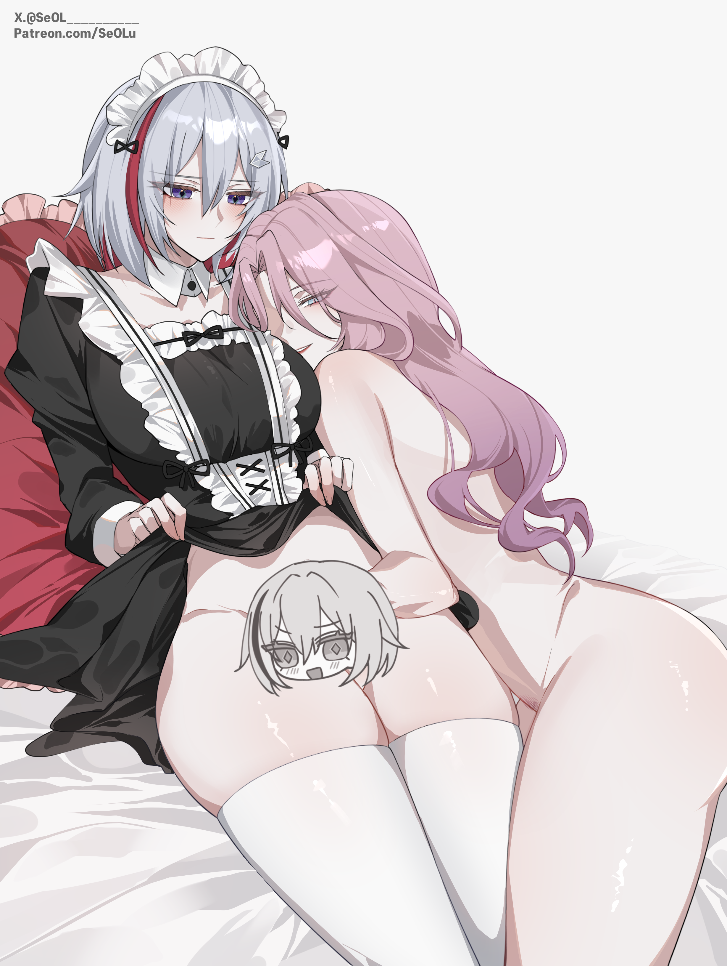 2girls, absurdres, alternate costume, bed, black dress, blue eyes, breasts, censored, character censor, closed mouth, clothed female nude female, clothes lift, collar, commentary, detached collar, diamond (shape), diamond-shaped pupils, dress, dress lift, enmaided, female, futanari, grey background, hair between eyes, headdress, highres, honkai (series), honkai: star rail, implied futa, implied handjob, intersex, jade (honkai: star rail), large breasts, long hair, looking at another, lying, maid, multicolored hair, multiple females, multiple girls, novelty censor, nude, on back, on bed, purple hair, red hair, seol (baconontheclock), short hair, simple background, streaked hair, symbol-shaped pupils, thighhighs, thighs, topaz (honkai: star rail), white collar, white hair, white thighhighs, yuri